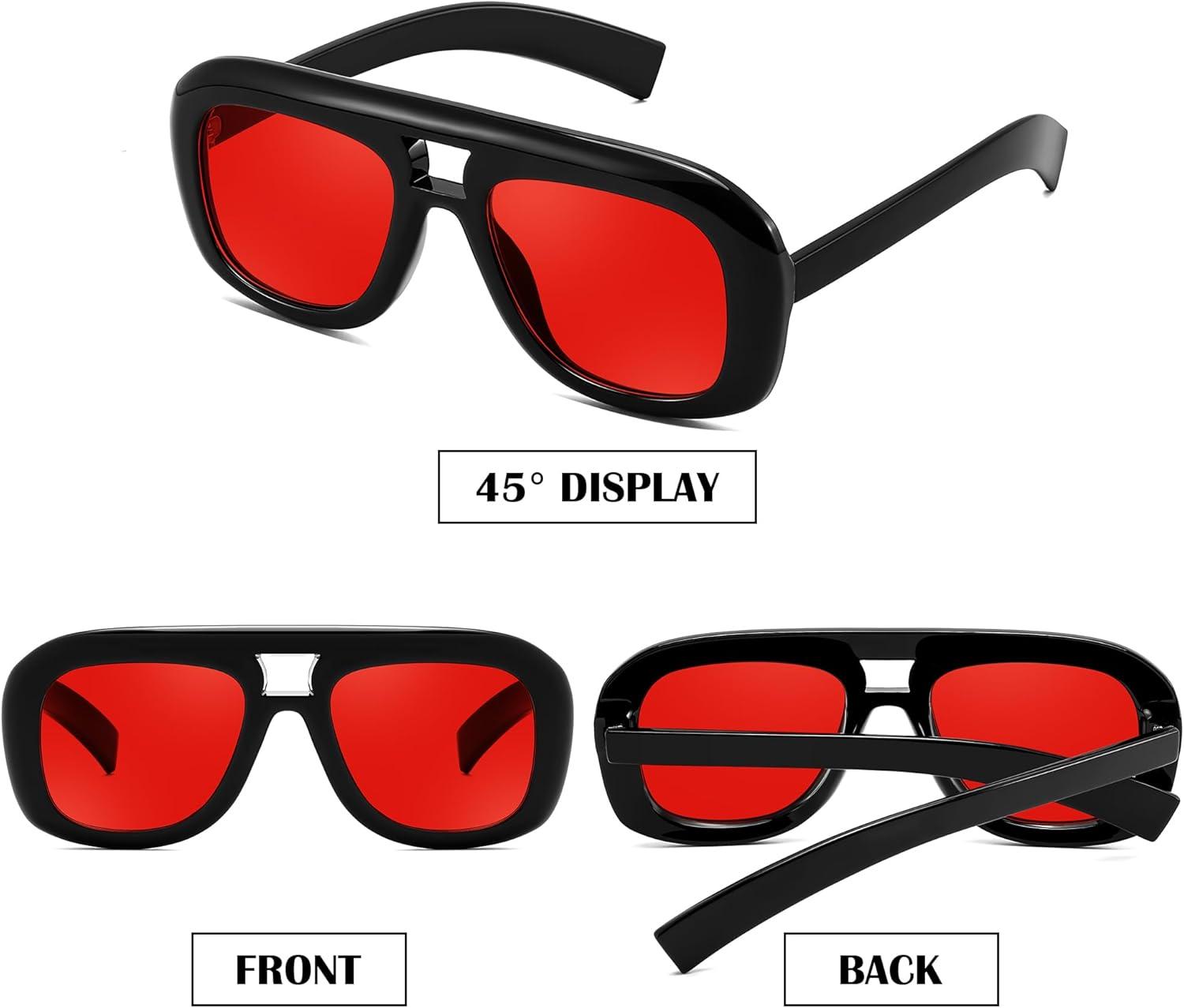 image:imageFEISEDY Trendy Oversized Aviator Sunglasses for Women Men Retro Thick Big Frame Square Pilot Sunnies B9181Blackred