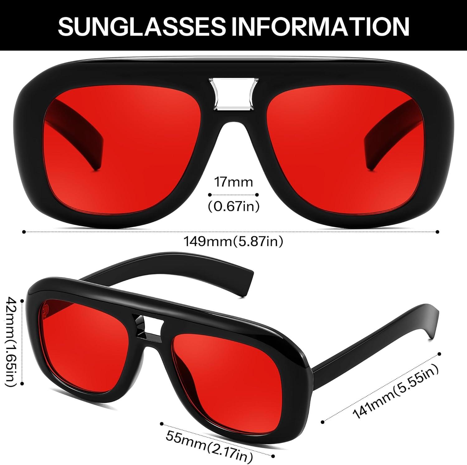 image:imageFEISEDY Trendy Oversized Aviator Sunglasses for Women Men Retro Thick Big Frame Square Pilot Sunnies B9181Blackred