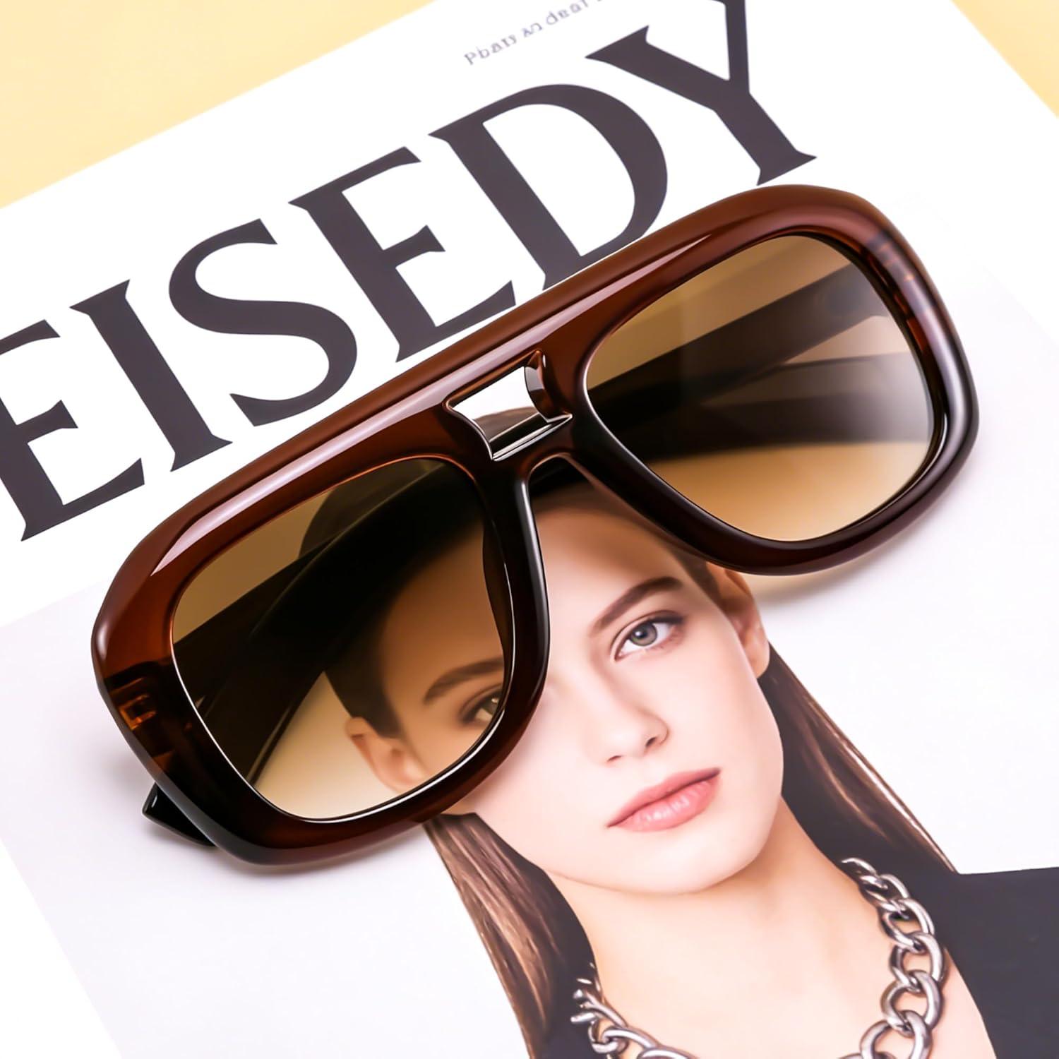 image:imageFEISEDY Trendy Oversized Aviator Sunglasses for Women Men Retro Thick Big Frame Square Pilot Sunnies B9181Brownbrown