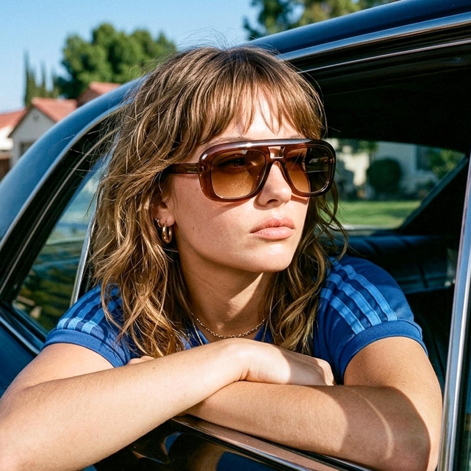 image:imageFEISEDY Trendy Oversized Aviator Sunglasses for Women Men Retro Thick Big Frame Square Pilot Sunnies B9181Brownbrown