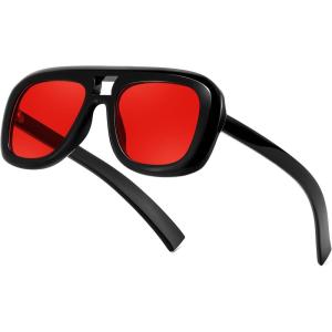 FEISEDY Trendy Oversized Aviator Sunglasses for Women Men, Retro Thick Big Frame Square Pilot Sunnies B9181(Black-red)
