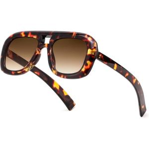 FEISEDY Trendy Oversized Aviator Sunglasses for Women Men, Retro Thick Big Frame Square Pilot Sunnies B9181(Leopard-brown)