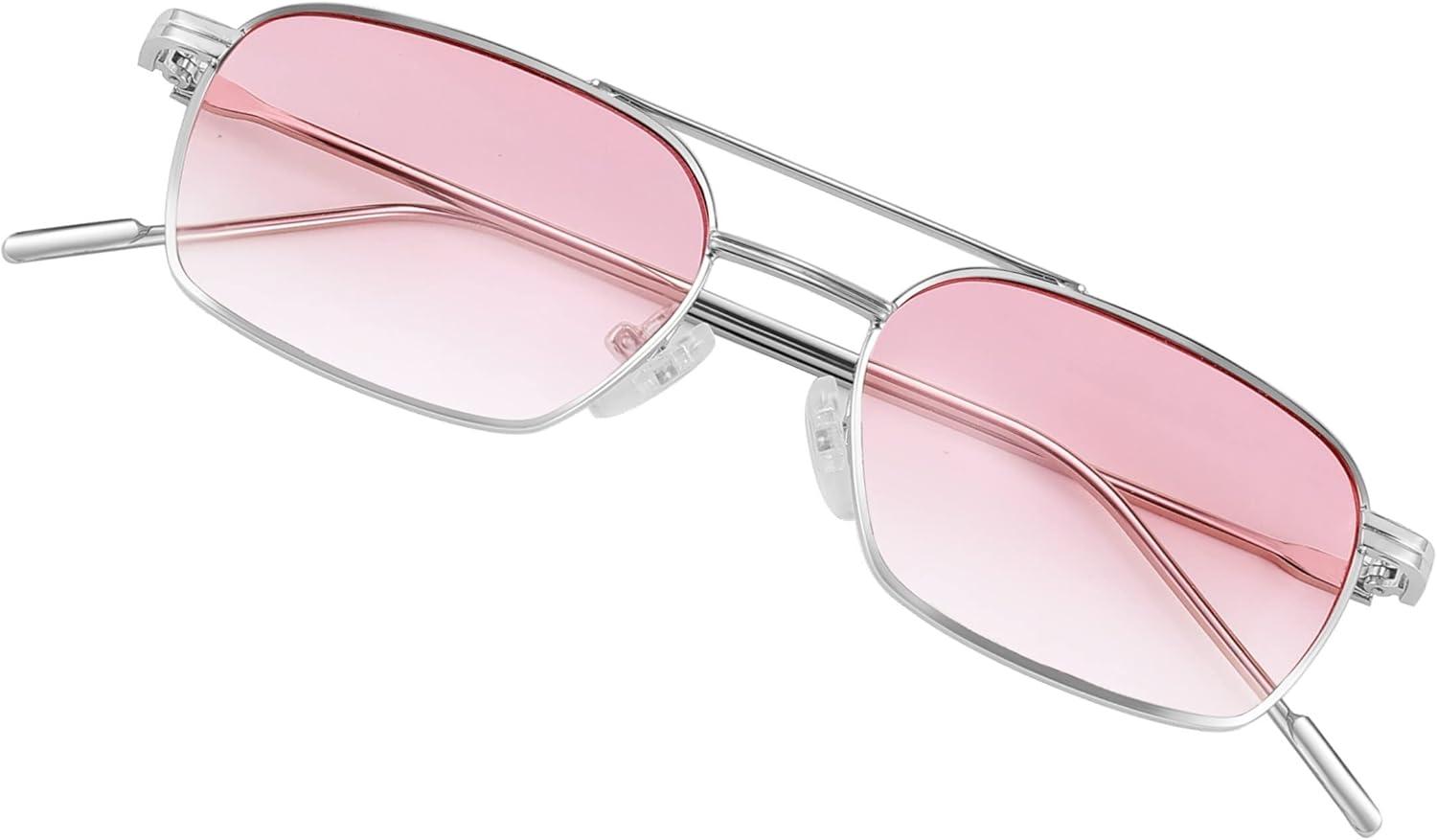 image:imageFEISEDY Fashion Square Aviator Sunglasses Women Men Trendy Retro Metal Frame Sun Glasses Candy Color Lens B1036001 Silver FrameGradient Pink Lens
