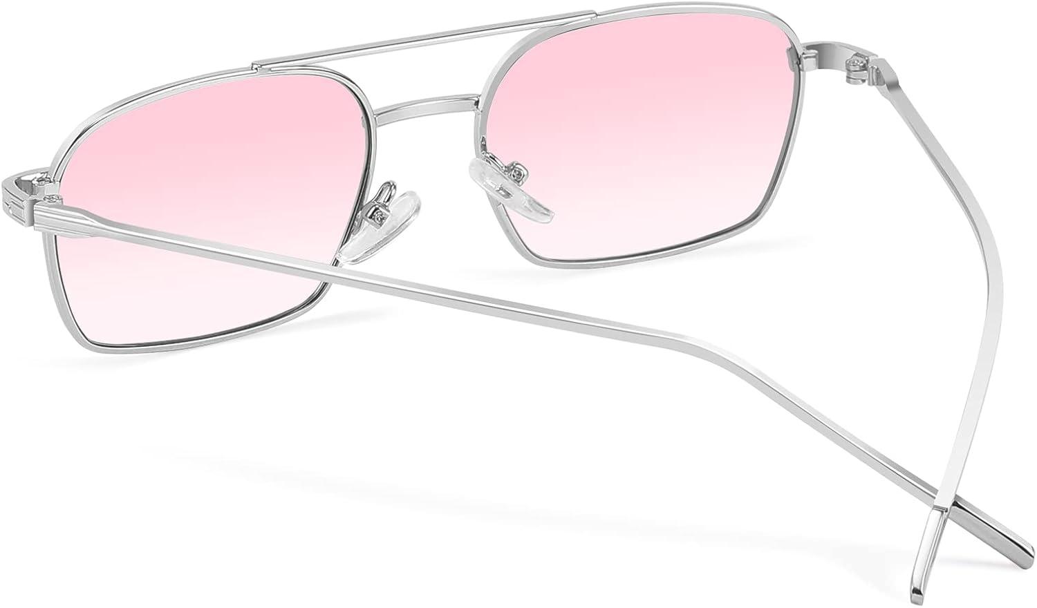image:imageFEISEDY Fashion Square Aviator Sunglasses Women Men Trendy Retro Metal Frame Sun Glasses Candy Color Lens B1036001 Silver FrameGradient Pink Lens