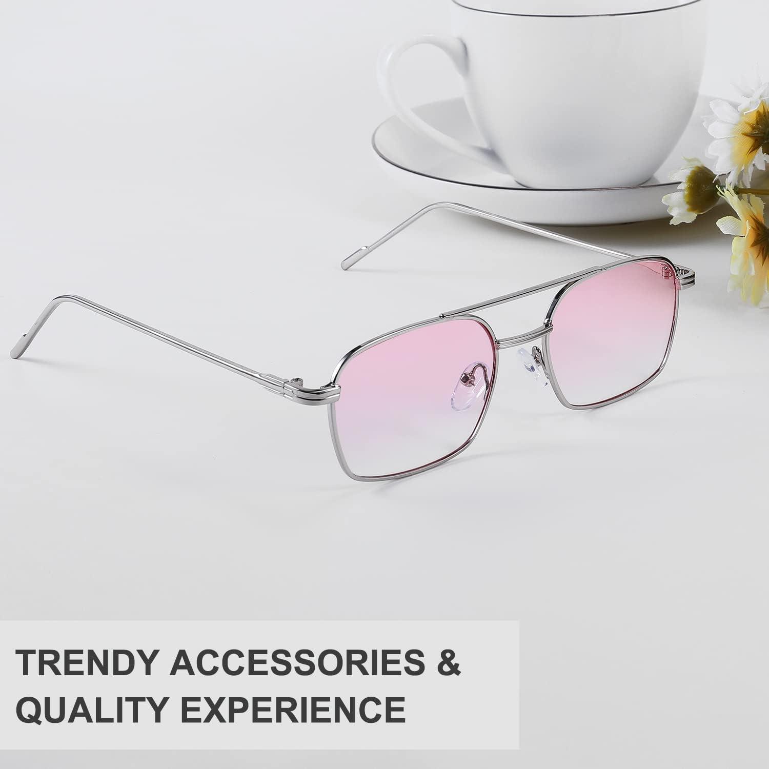 image:imageFEISEDY Fashion Square Aviator Sunglasses Women Men Trendy Retro Metal Frame Sun Glasses Candy Color Lens B1036001 Silver FrameGradient Pink Lens