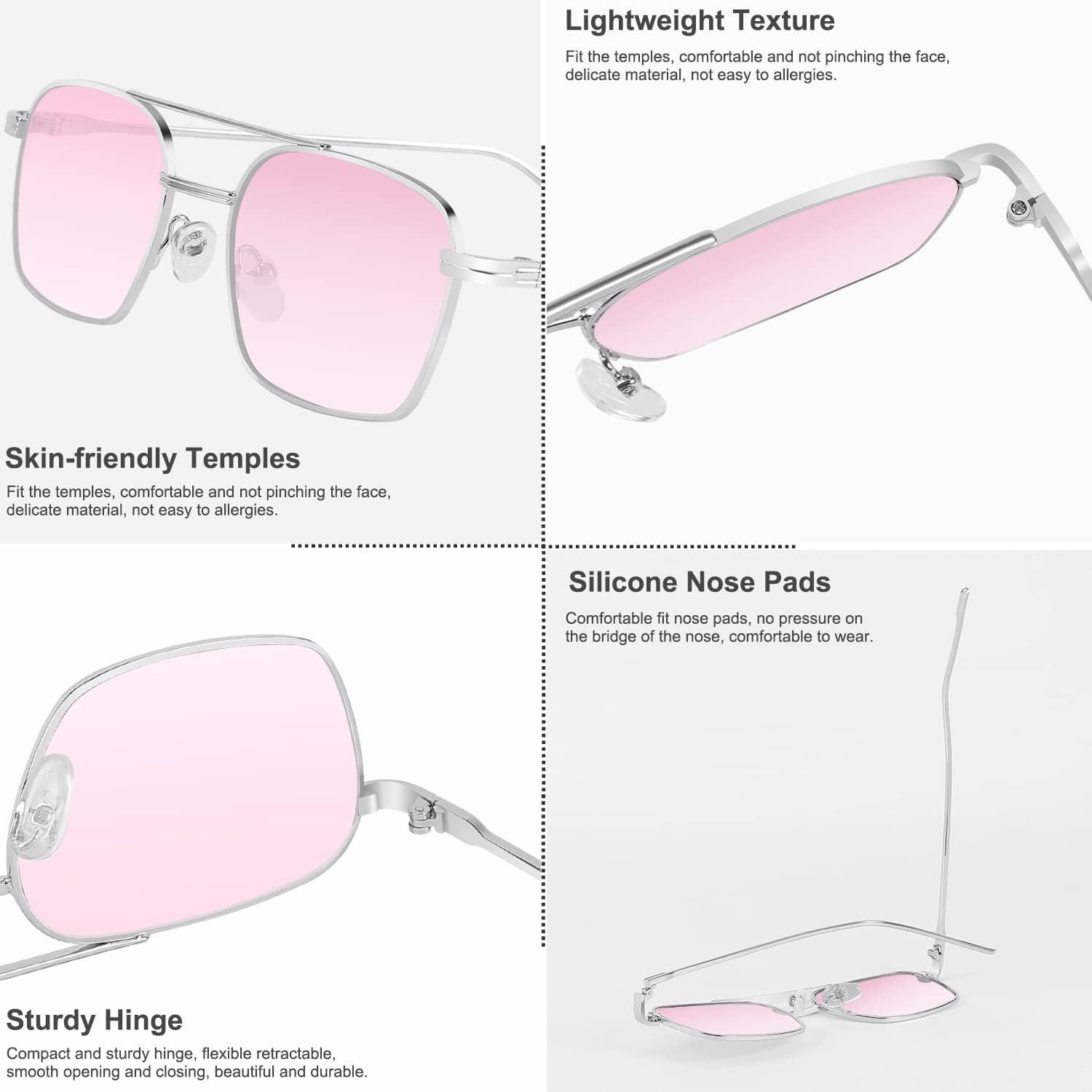 image:imageFEISEDY Fashion Square Aviator Sunglasses Women Men Trendy Retro Metal Frame Sun Glasses Candy Color Lens B1036001 Silver FrameGradient Pink Lens