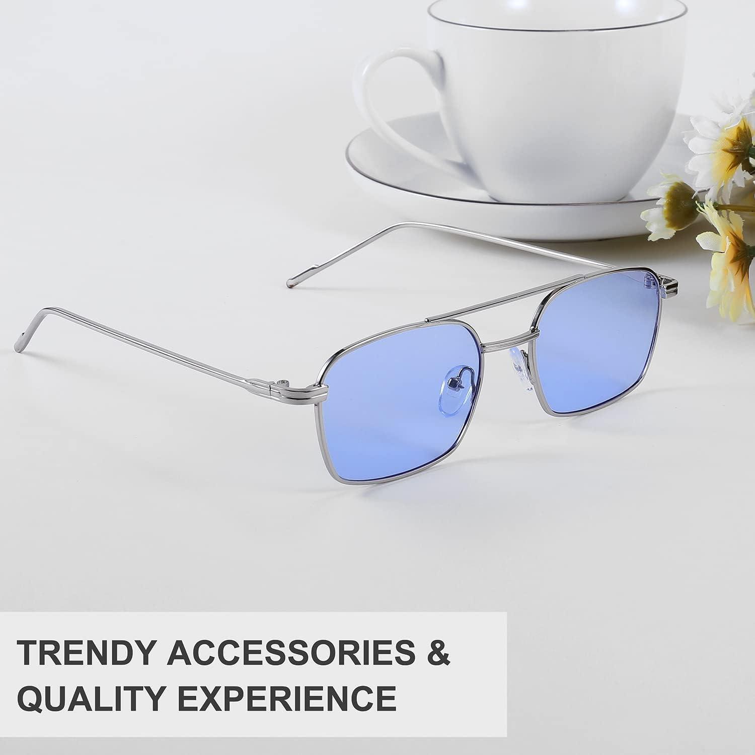 image:imageFEISEDY Fashion Square Aviator Sunglasses Women Men Trendy Retro Metal Frame Sun Glasses Candy Color Lens B1036002 Silver FrameBlue Lens