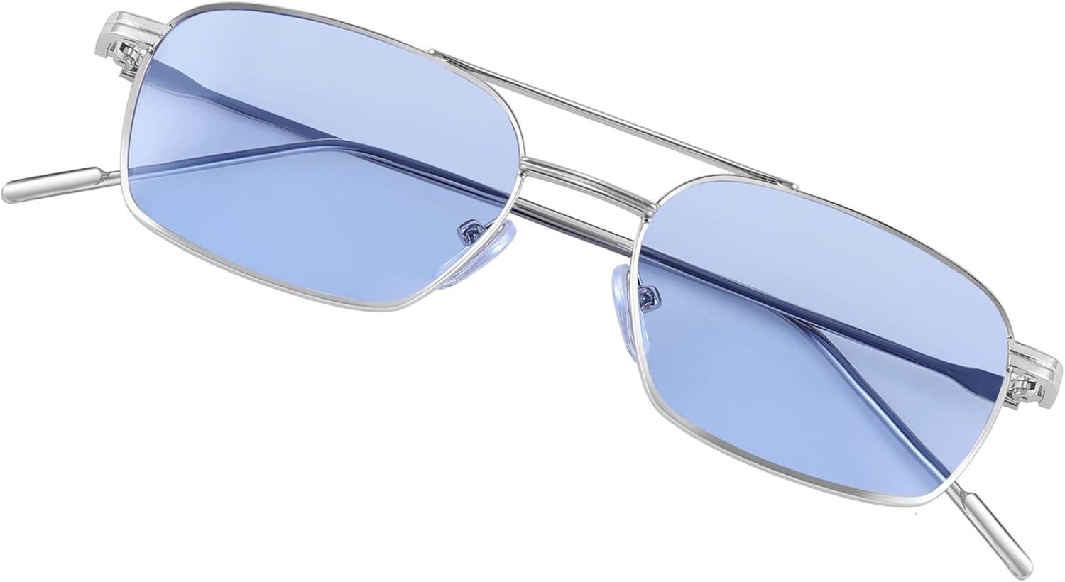 image:imageFEISEDY Fashion Square Aviator Sunglasses Women Men Trendy Retro Metal Frame Sun Glasses Candy Color Lens B1036002 Silver FrameBlue Lens