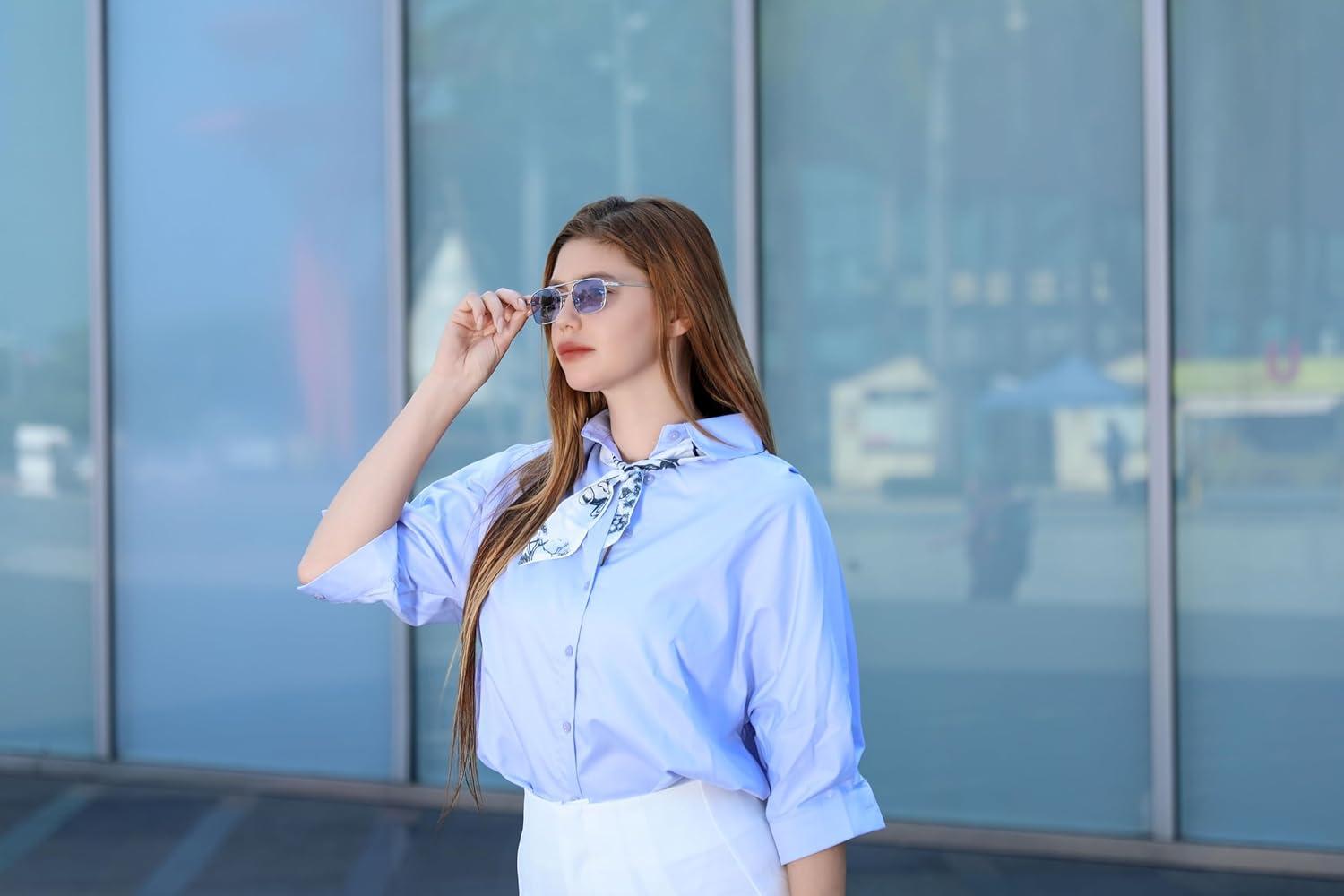 image:imageFEISEDY Fashion Square Aviator Sunglasses Women Men Trendy Retro Metal Frame Sun Glasses Candy Color Lens B1036002 Silver FrameBlue Lens