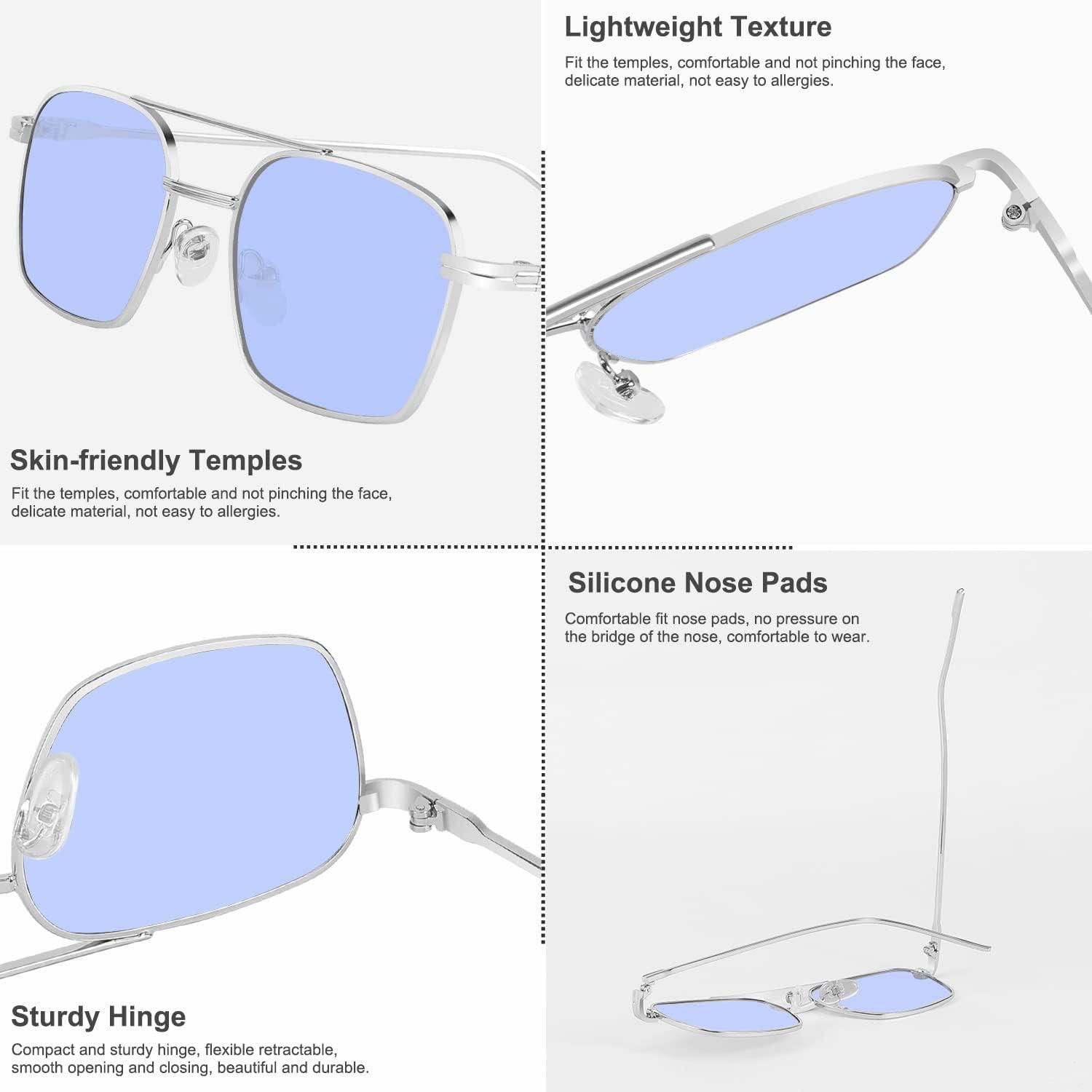 image:imageFEISEDY Fashion Square Aviator Sunglasses Women Men Trendy Retro Metal Frame Sun Glasses Candy Color Lens B1036002 Silver FrameBlue Lens