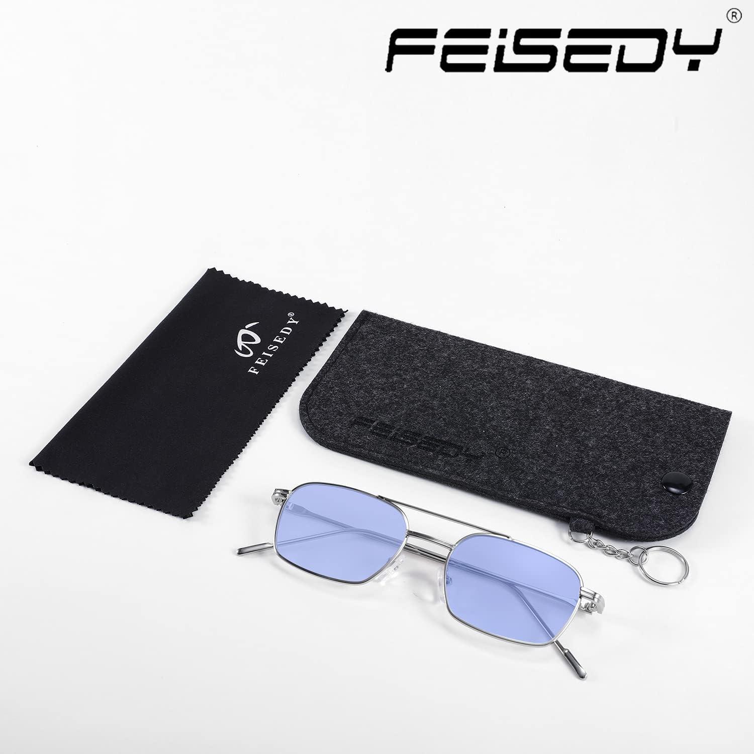 image:imageFEISEDY Fashion Square Aviator Sunglasses Women Men Trendy Retro Metal Frame Sun Glasses Candy Color Lens B1036002 Silver FrameBlue Lens