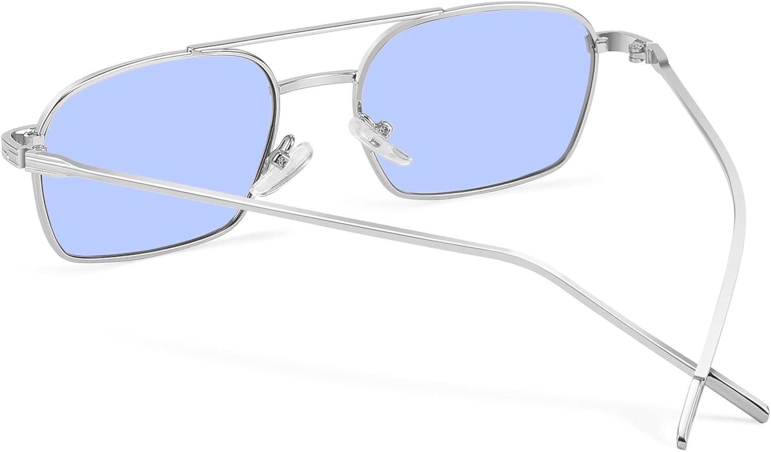 image:imageFEISEDY Fashion Square Aviator Sunglasses Women Men Trendy Retro Metal Frame Sun Glasses Candy Color Lens B1036002 Silver FrameBlue Lens