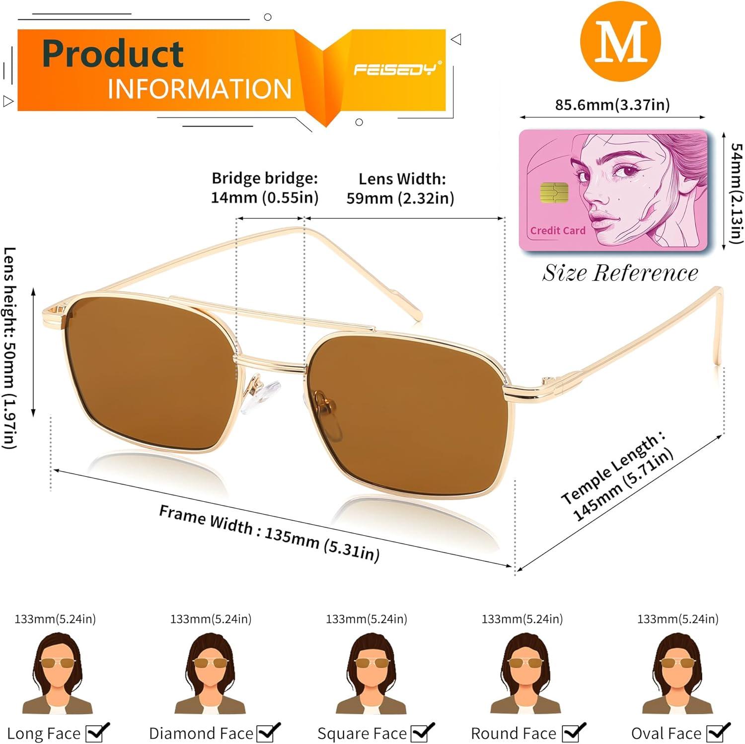 image:imageFEISEDY Fashion Square Aviator Sunglasses Women Men Trendy Retro Metal Frame Sun Glasses Candy Color Lens B1036005 Gold FrameTea Lens
