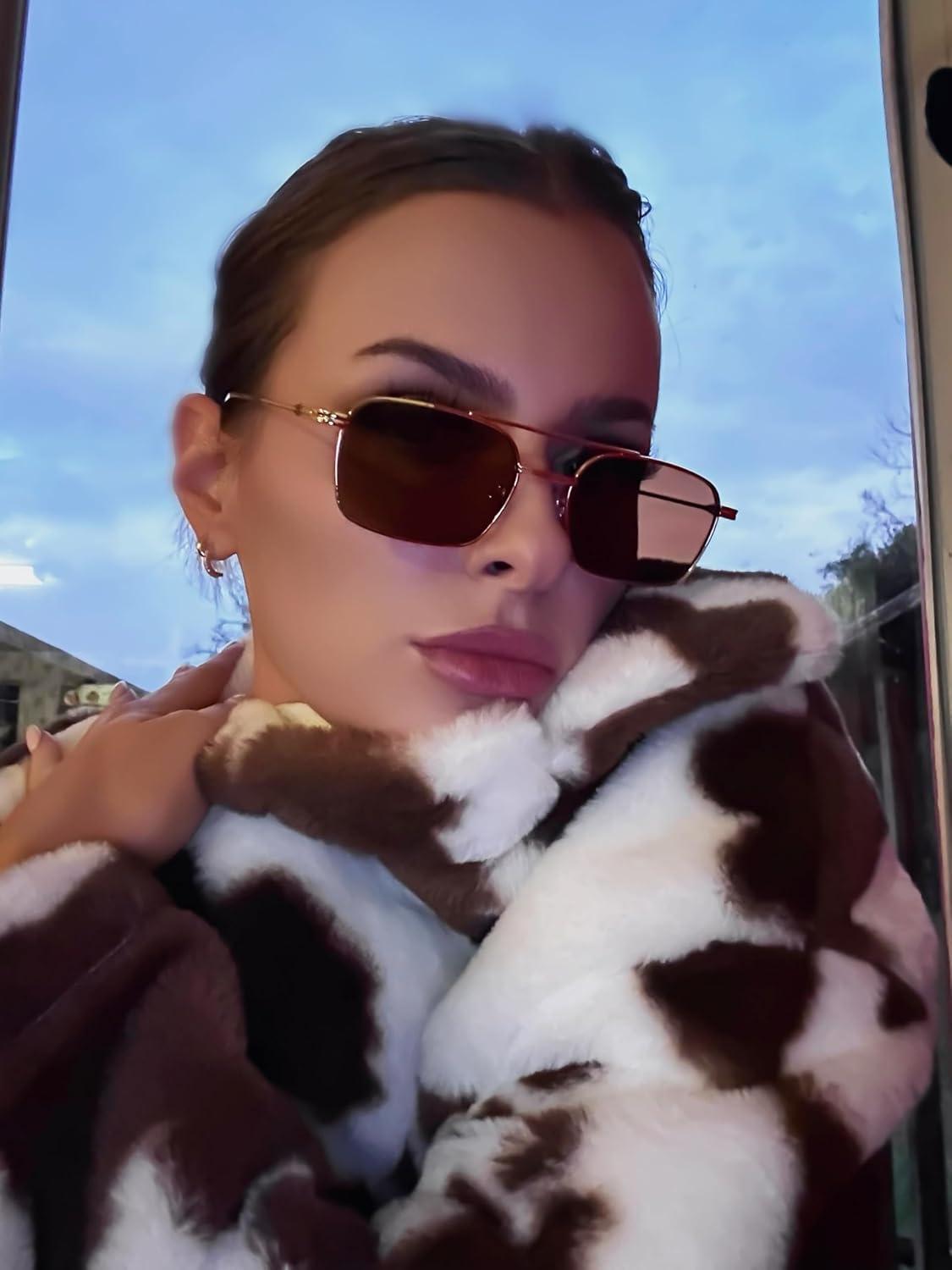 image:imageFEISEDY Fashion Square Aviator Sunglasses Women Men Trendy Retro Metal Frame Sun Glasses Candy Color Lens B1036005 Gold FrameTea Lens