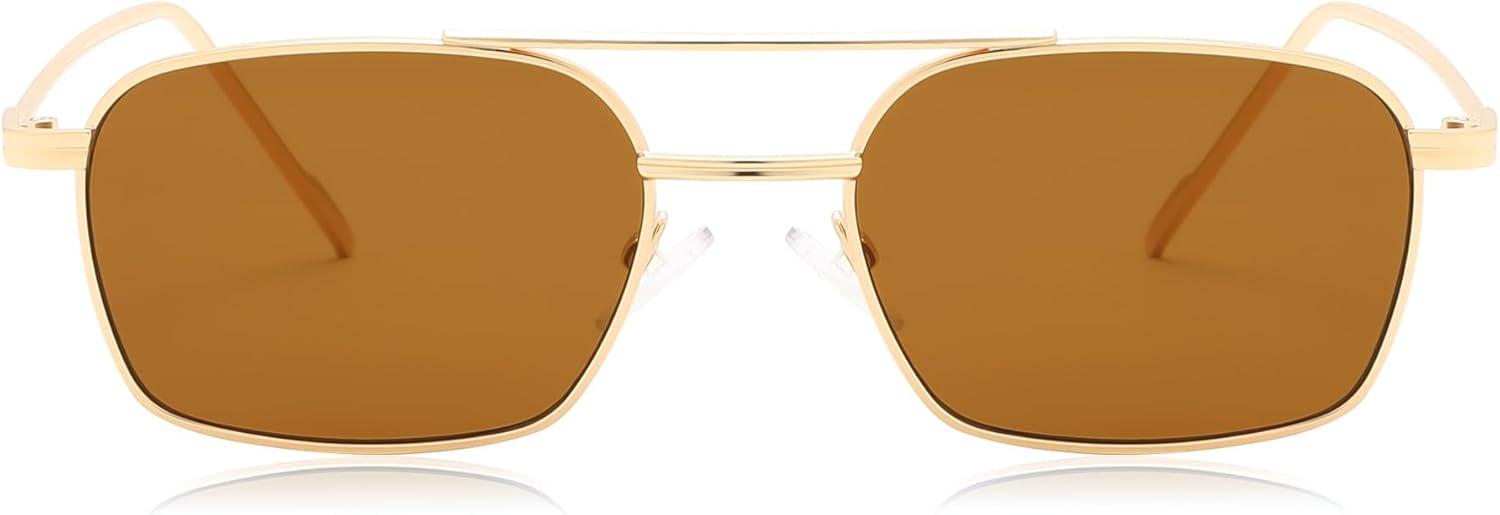 image:imageFEISEDY Fashion Square Aviator Sunglasses Women Men Trendy Retro Metal Frame Sun Glasses Candy Color Lens B1036005 Gold FrameTea Lens