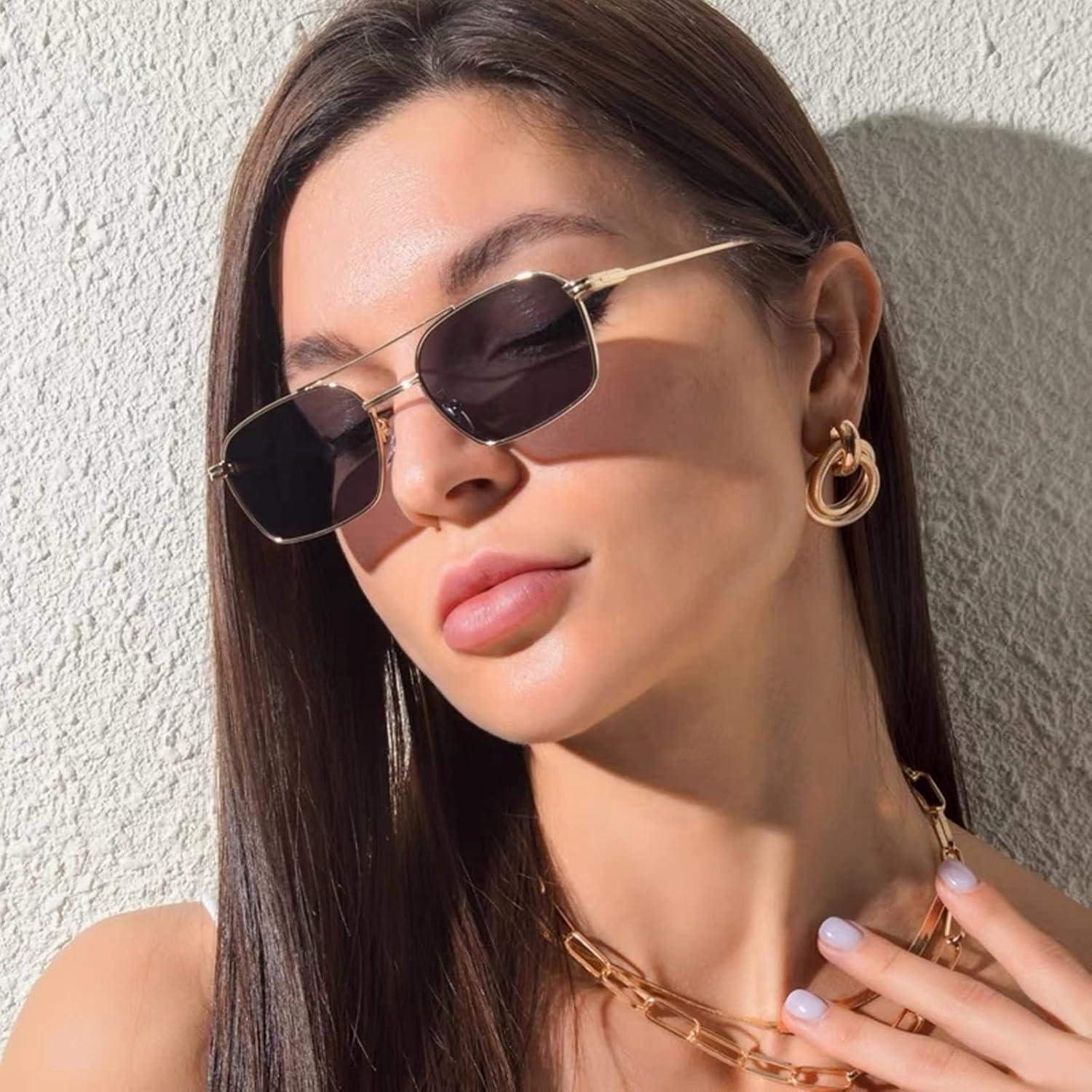image:imageFEISEDY Fashion Square Aviator Sunglasses Women Men Trendy Retro Metal Frame Sun Glasses Candy Color Lens B1036005 Gold FrameTea Lens