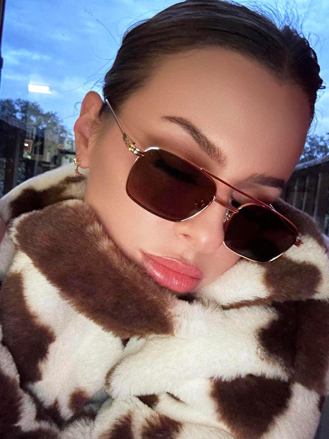 image:imageFEISEDY Fashion Square Aviator Sunglasses Women Men Trendy Retro Metal Frame Sun Glasses Candy Color Lens B1036005 Gold FrameTea Lens