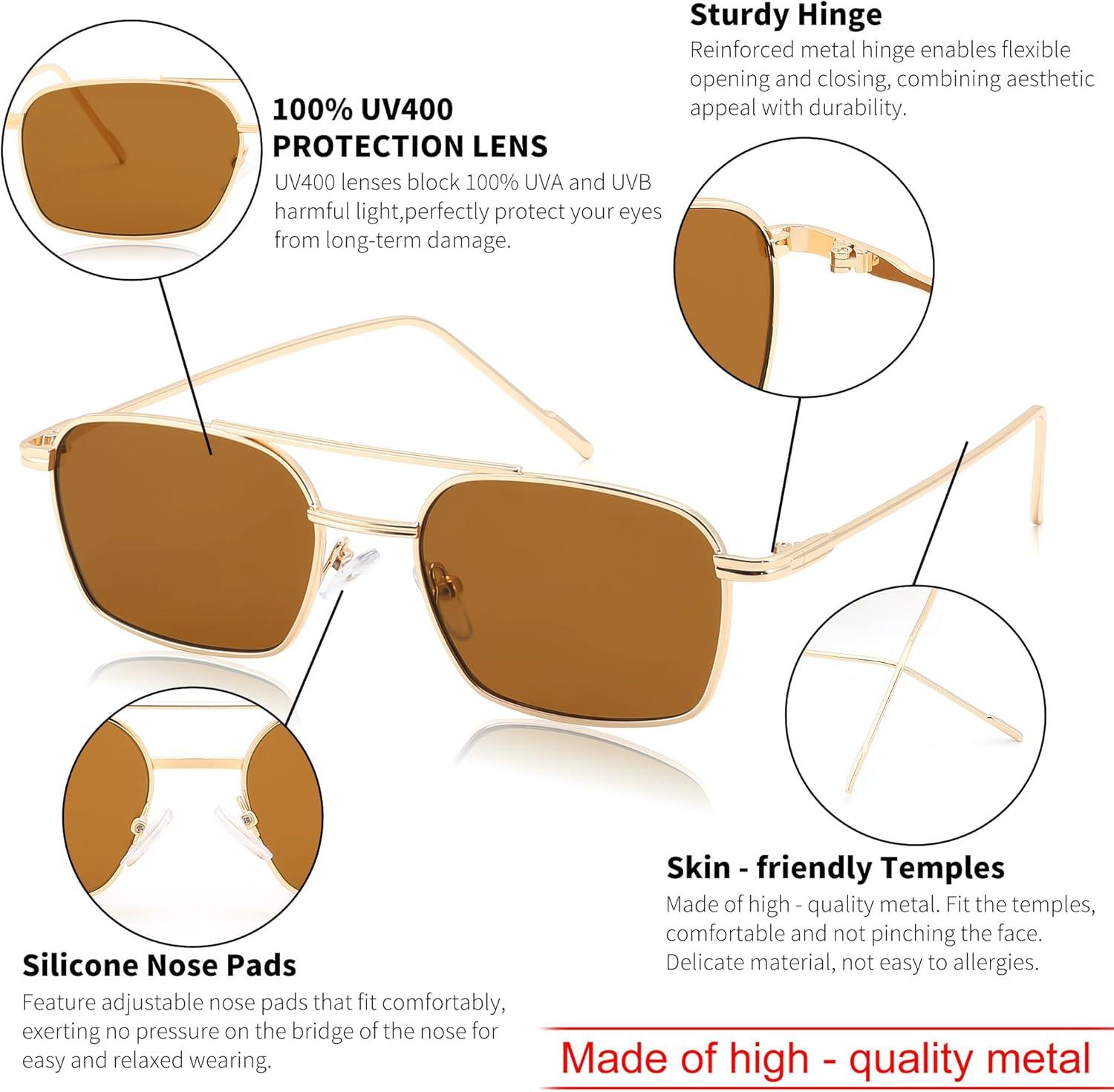 image:imageFEISEDY Fashion Square Aviator Sunglasses Women Men Trendy Retro Metal Frame Sun Glasses Candy Color Lens B1036005 Gold FrameTea Lens