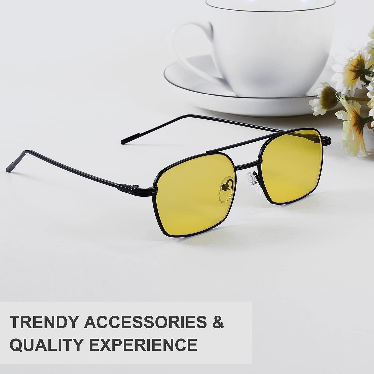 image:imageFEISEDY Fashion Square Aviator Sunglasses Women Men Trendy Retro Metal Frame Sun Glasses Candy Color Lens B1036006 Black FrameYellow Lens