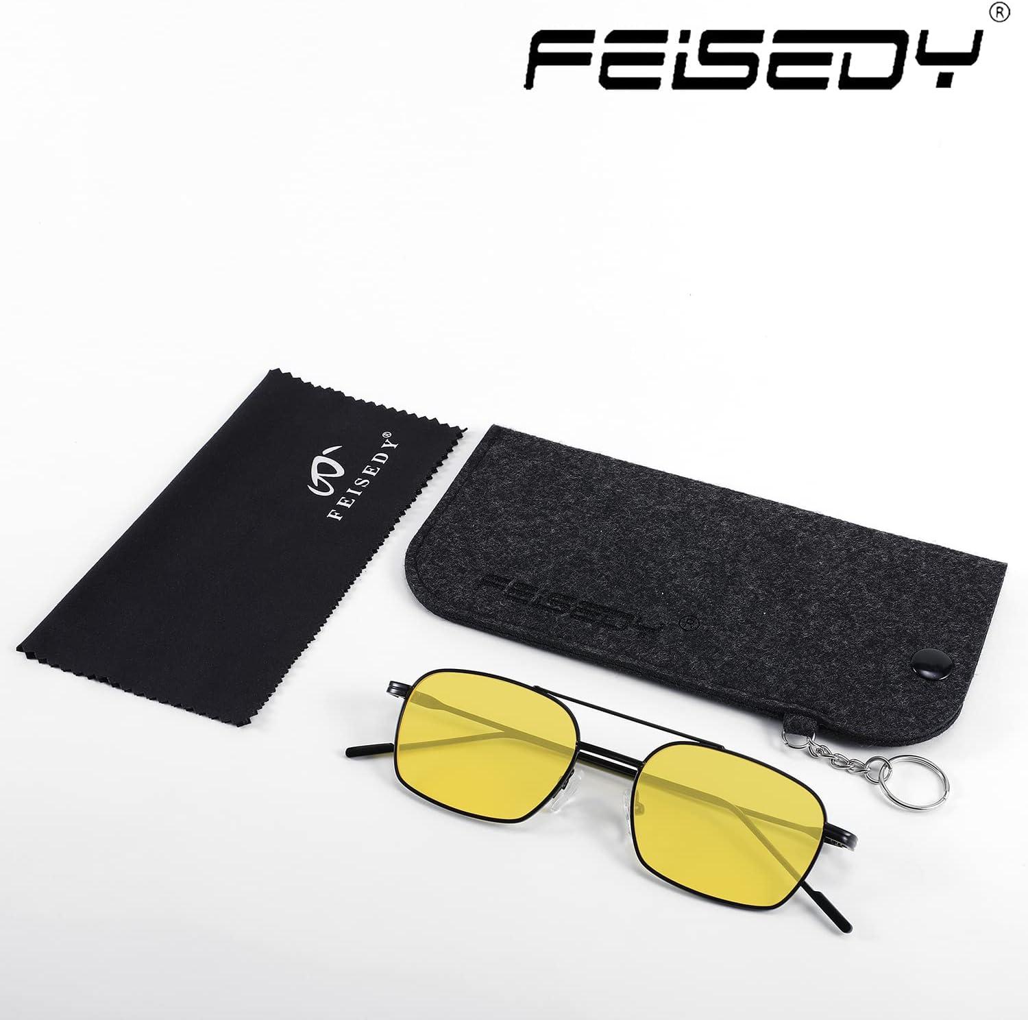 image:imageFEISEDY Fashion Square Aviator Sunglasses Women Men Trendy Retro Metal Frame Sun Glasses Candy Color Lens B1036006 Black FrameYellow Lens