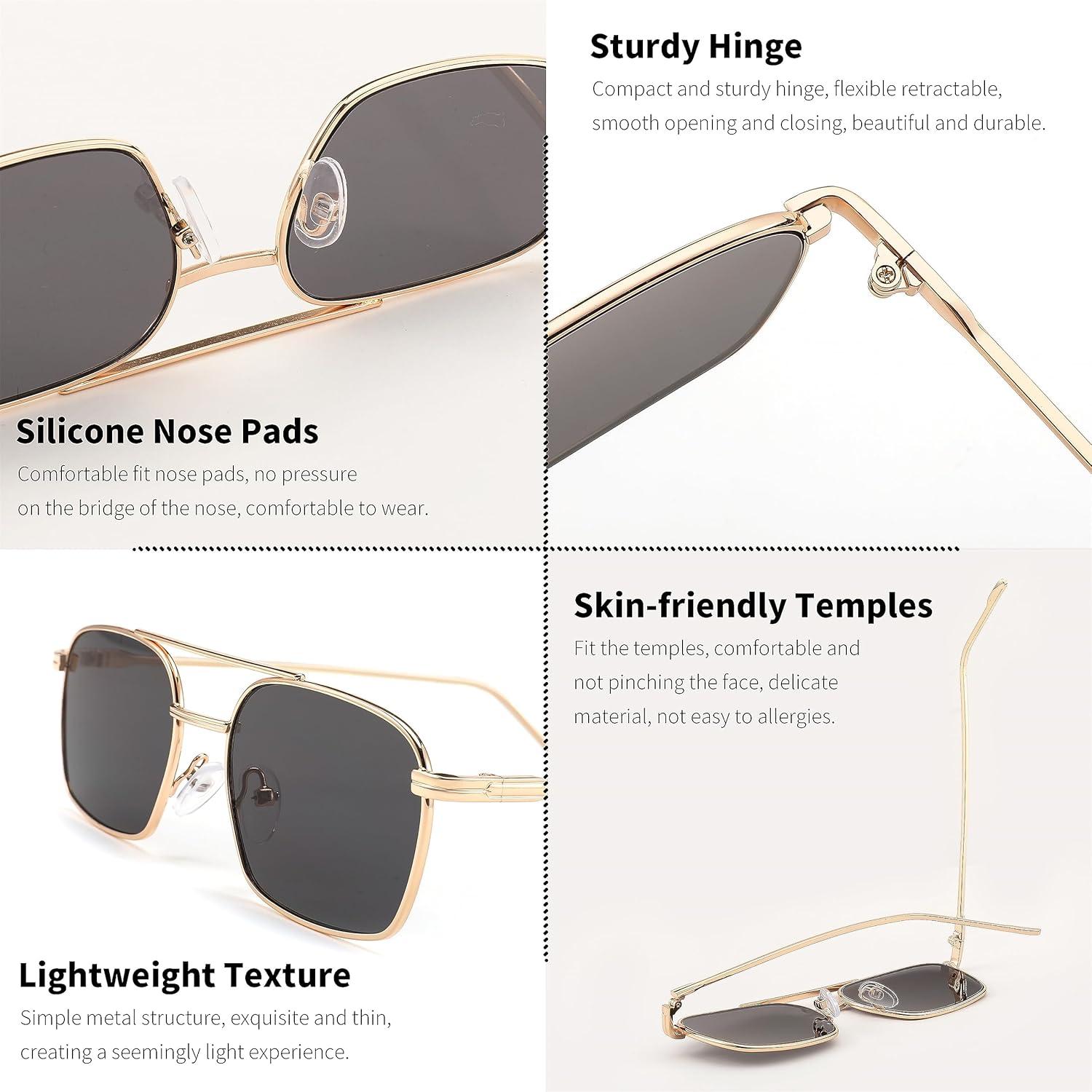 image:imageFEISEDY Fashion Square Aviator Sunglasses Women Men Trendy Retro Metal Frame Sun Glasses Candy Color Lens B1036007 Gold FrameGray Lens