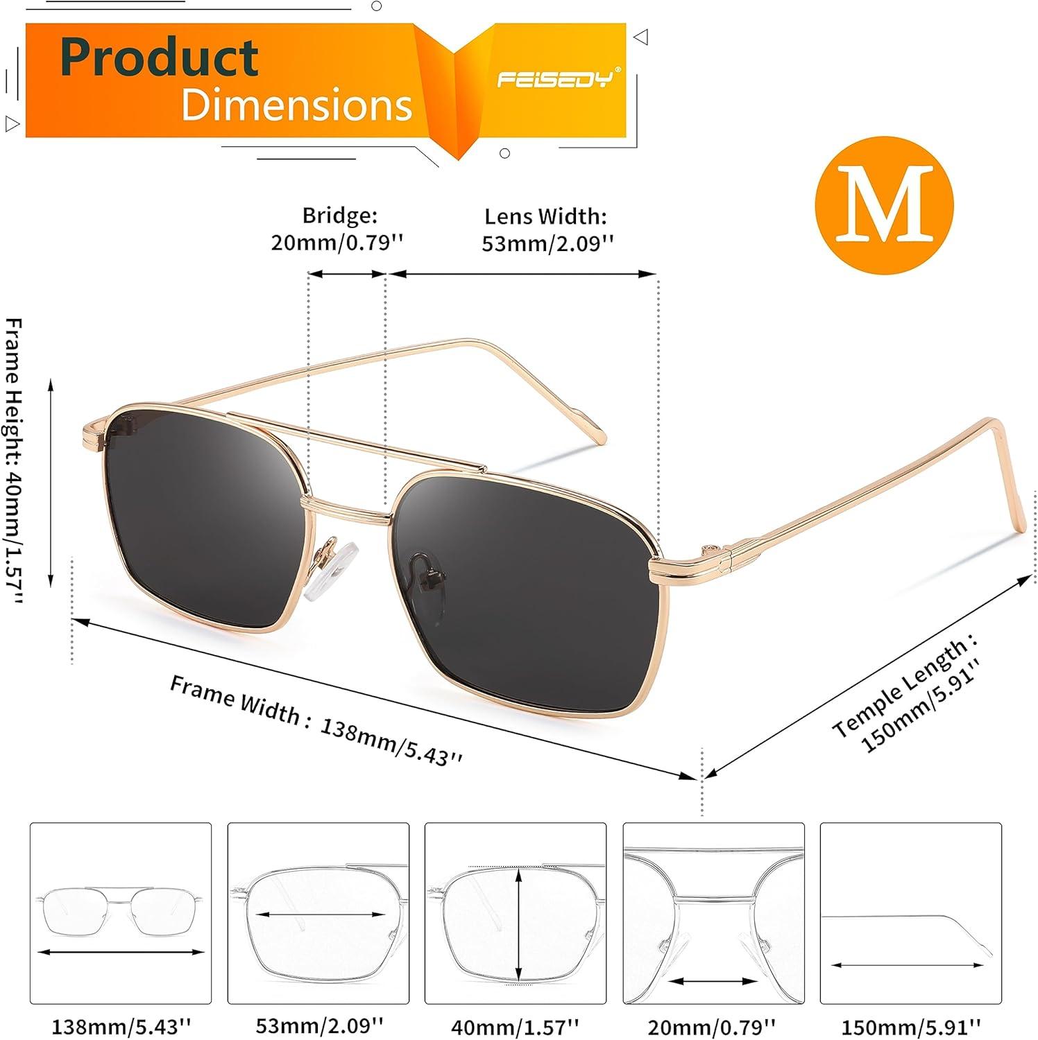 image:imageFEISEDY Fashion Square Aviator Sunglasses Women Men Trendy Retro Metal Frame Sun Glasses Candy Color Lens B1036007 Gold FrameGray Lens