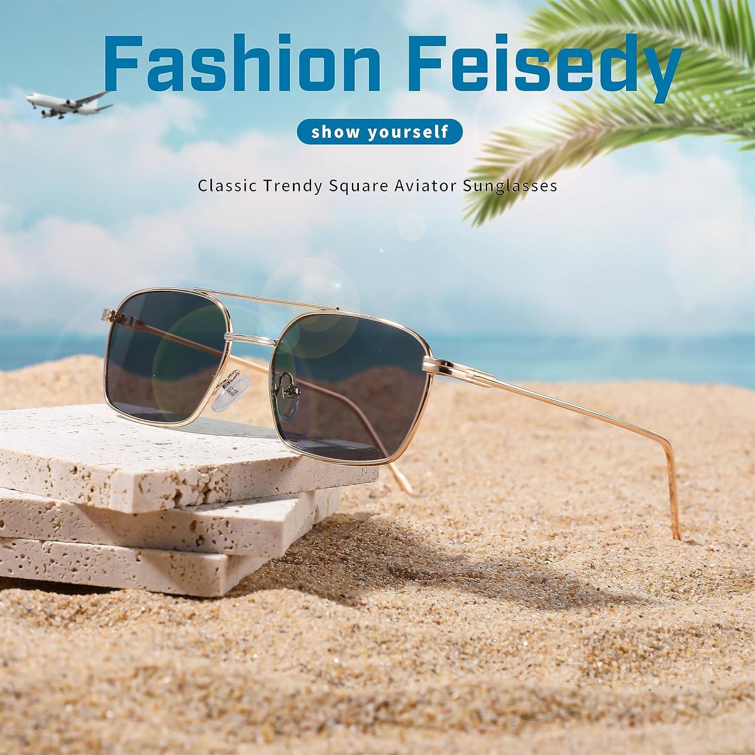 image:imageFEISEDY Fashion Square Aviator Sunglasses Women Men Trendy Retro Metal Frame Sun Glasses Candy Color Lens B1036007 Gold FrameGray Lens
