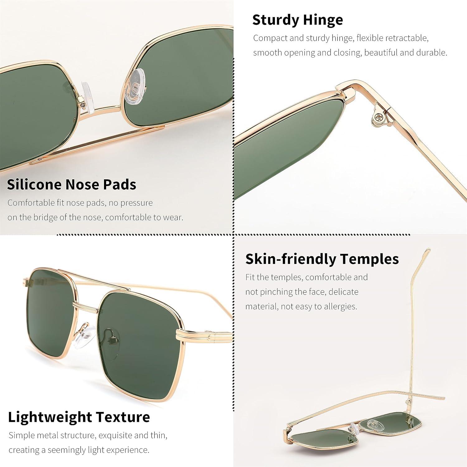 image:imageFEISEDY Fashion Square Aviator Sunglasses Women Men Trendy Retro Metal Frame Sun Glasses Candy Color Lens B1036008 Gold FrameGreen Lens