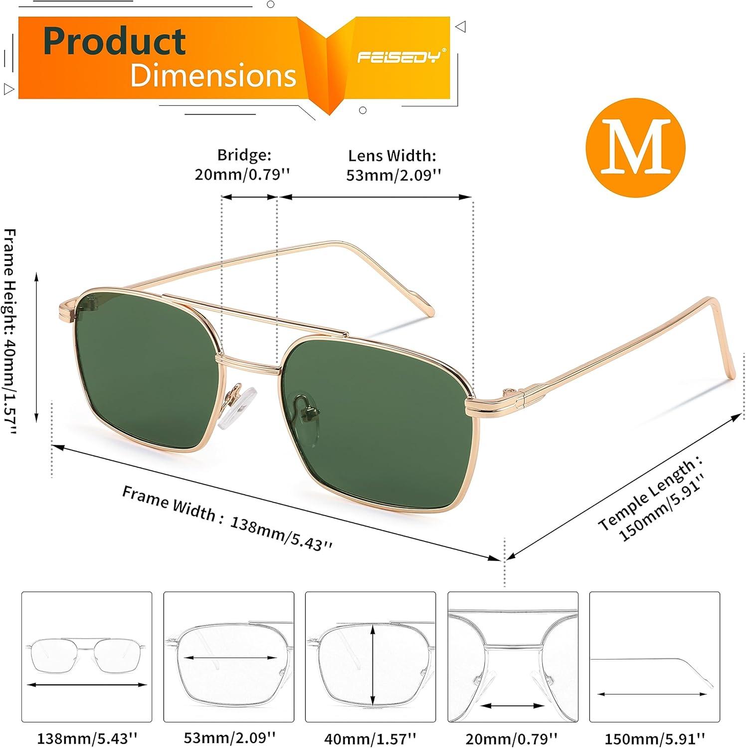 image:imageFEISEDY Fashion Square Aviator Sunglasses Women Men Trendy Retro Metal Frame Sun Glasses Candy Color Lens B1036008 Gold FrameGreen Lens