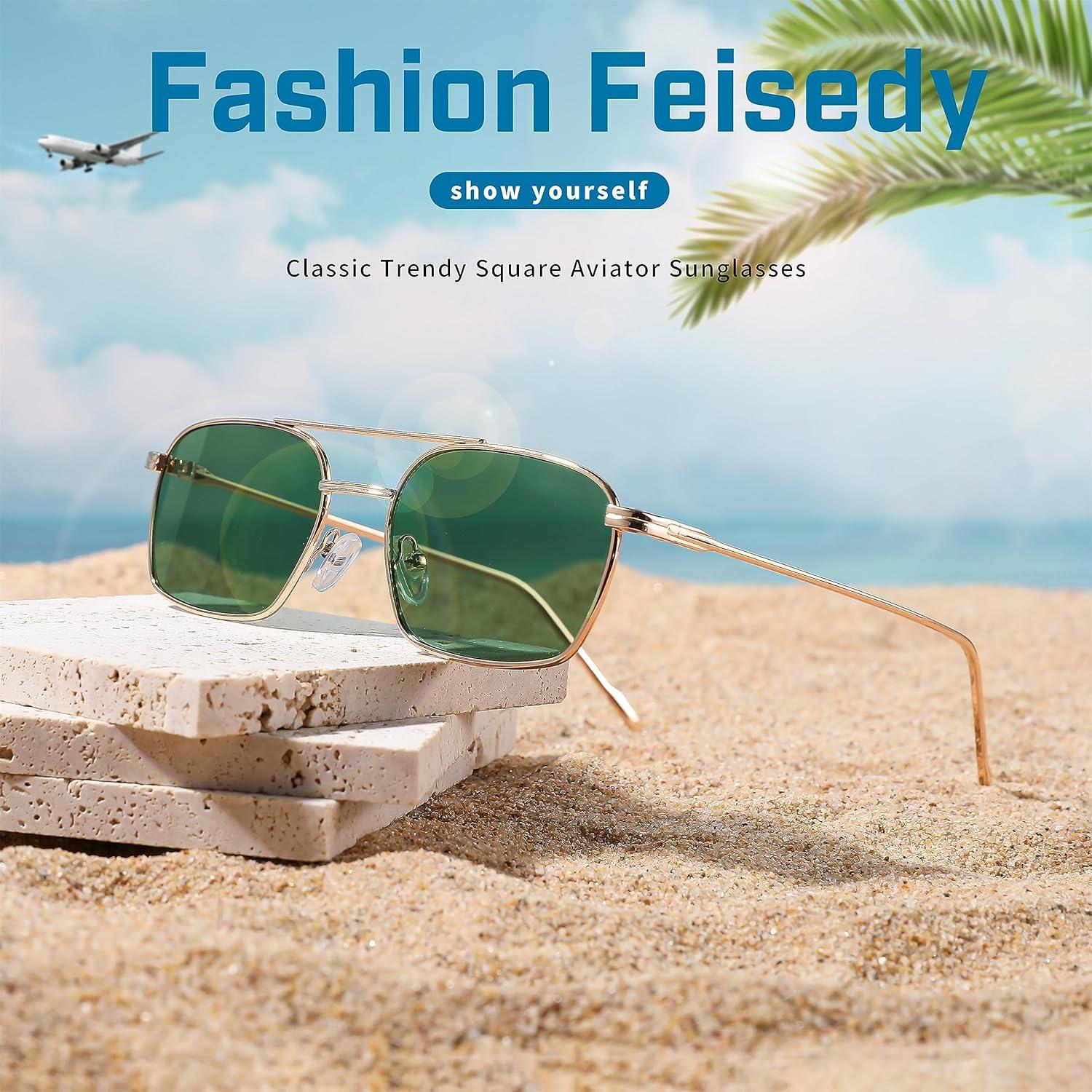 image:imageFEISEDY Fashion Square Aviator Sunglasses Women Men Trendy Retro Metal Frame Sun Glasses Candy Color Lens B1036008 Gold FrameGreen Lens