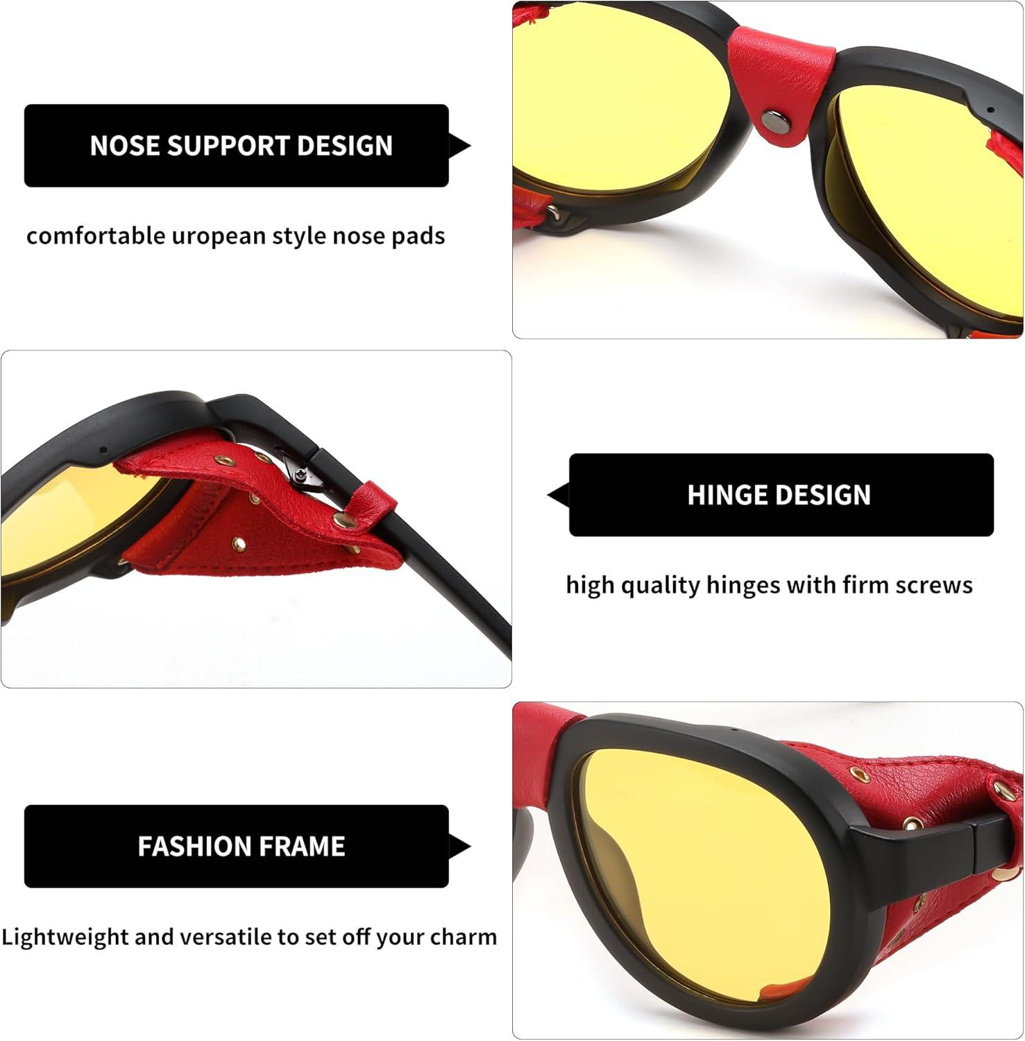 image:imageFEISEDY Steampunk Sunglasses Women MenPolarized Yellow Lens Retro Round Vintage Frame Leatherwear B0159Black Frame