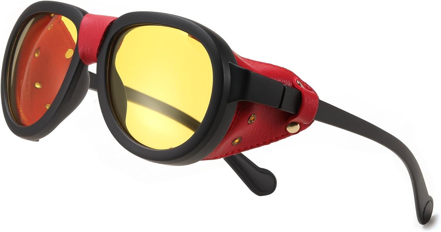 image:imageFEISEDY Steampunk Sunglasses Women MenPolarized Yellow Lens Retro Round Vintage Frame Leatherwear B0159Black Frame