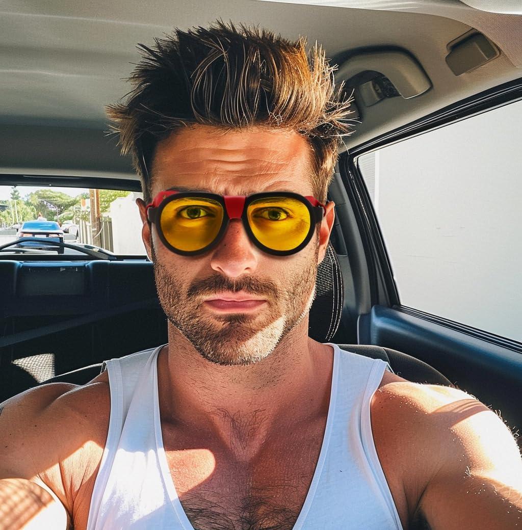 image:imageFEISEDY Steampunk Sunglasses Women MenPolarized Yellow Lens Retro Round Vintage Frame Leatherwear B0159Black Frame