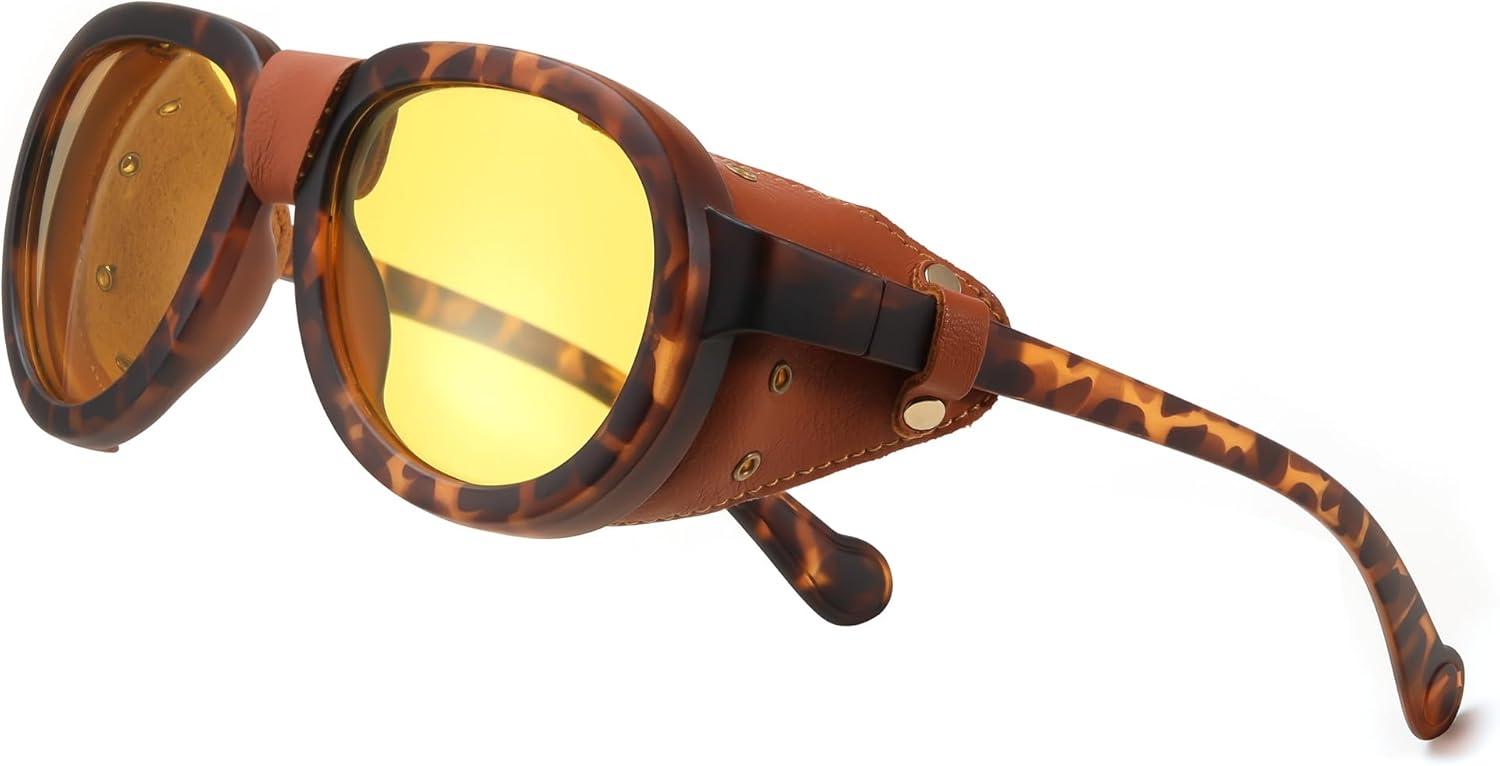 image:imageFEISEDY Steampunk Sunglasses Women MenPolarized Yellow Lens Retro Round Vintage Frame Leatherwear B0159Leopard Frame