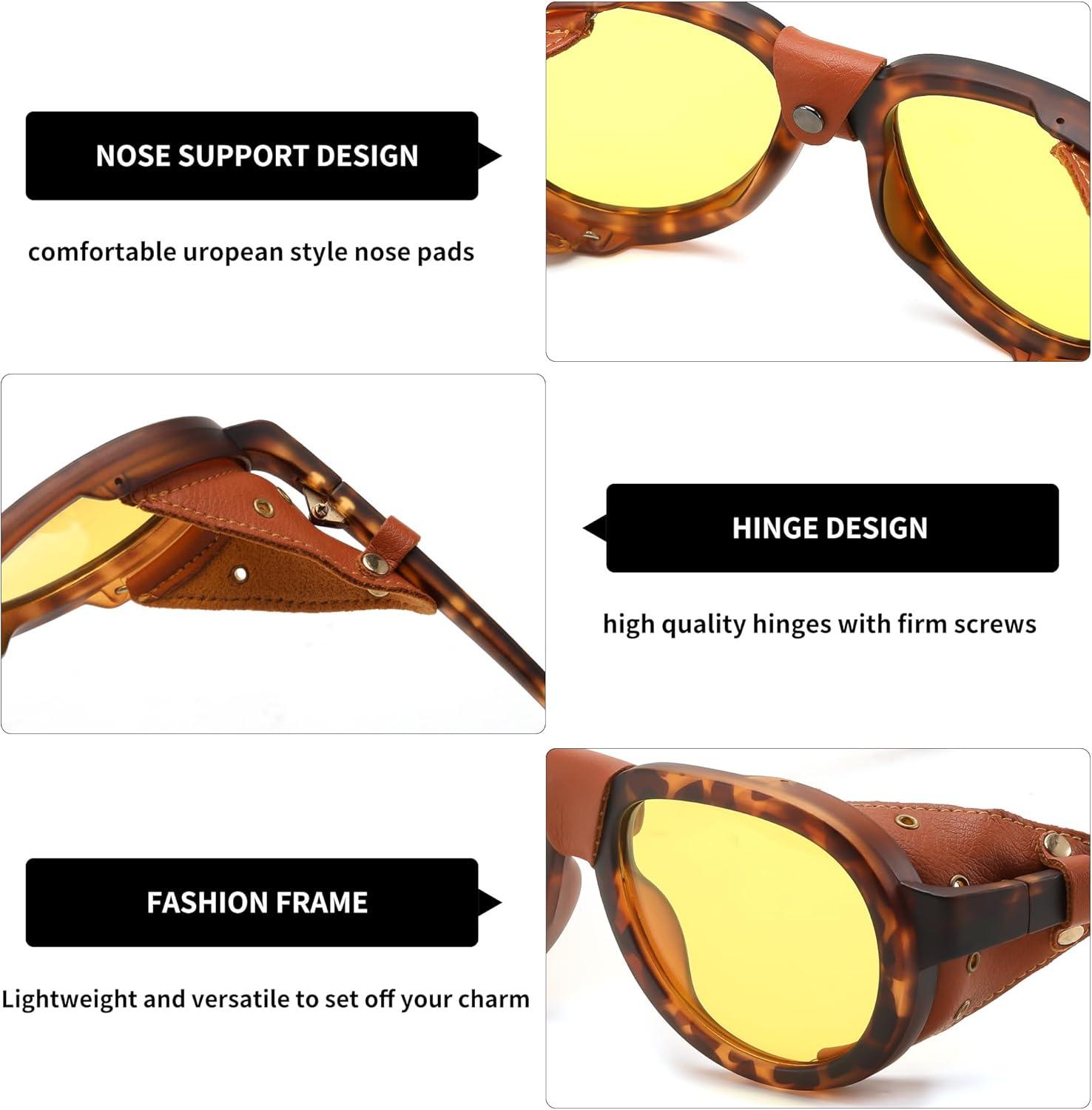 image:imageFEISEDY Steampunk Sunglasses Women MenPolarized Yellow Lens Retro Round Vintage Frame Leatherwear B0159Leopard Frame