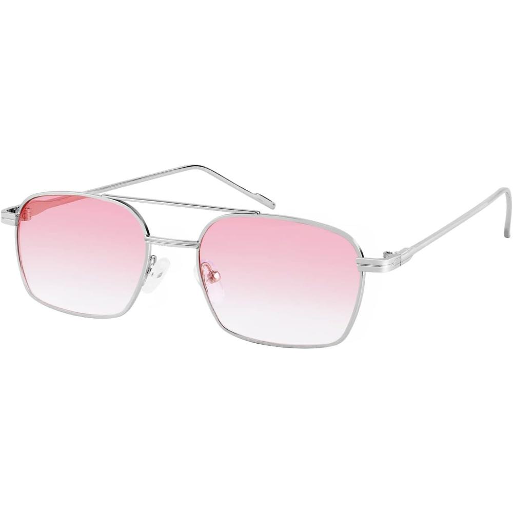 image:imageFEISEDY Fashion Square Aviator Sunglasses Women Men Trendy Retro Metal Frame Sun Glasses Candy Color Lens B1036001 Silver FrameGradient Pink Lens