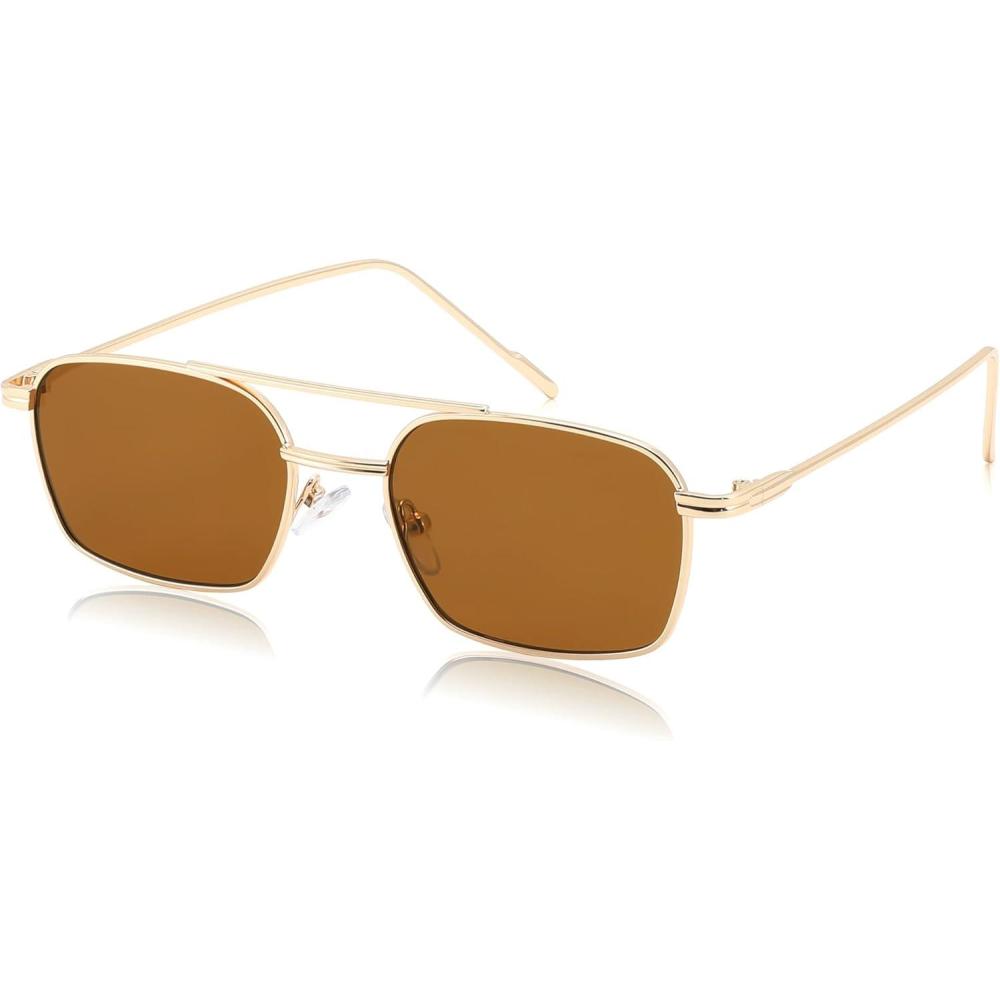 image:imageFEISEDY Fashion Square Aviator Sunglasses Women Men Trendy Retro Metal Frame Sun Glasses Candy Color Lens B1036005 Gold FrameTea Lens