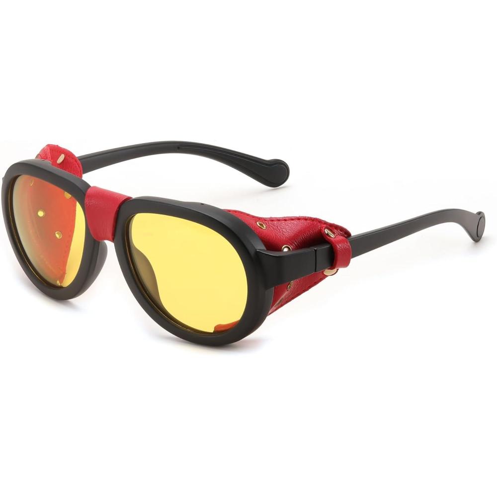 image:imageFEISEDY Steampunk Sunglasses Women MenPolarized Yellow Lens Retro Round Vintage Frame Leatherwear B0159Black Frame