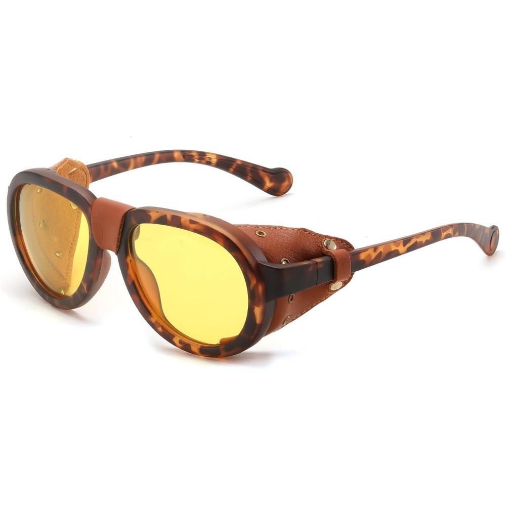 image:imageFEISEDY Steampunk Sunglasses Women MenPolarized Yellow Lens Retro Round Vintage Frame Leatherwear B0159Leopard Frame