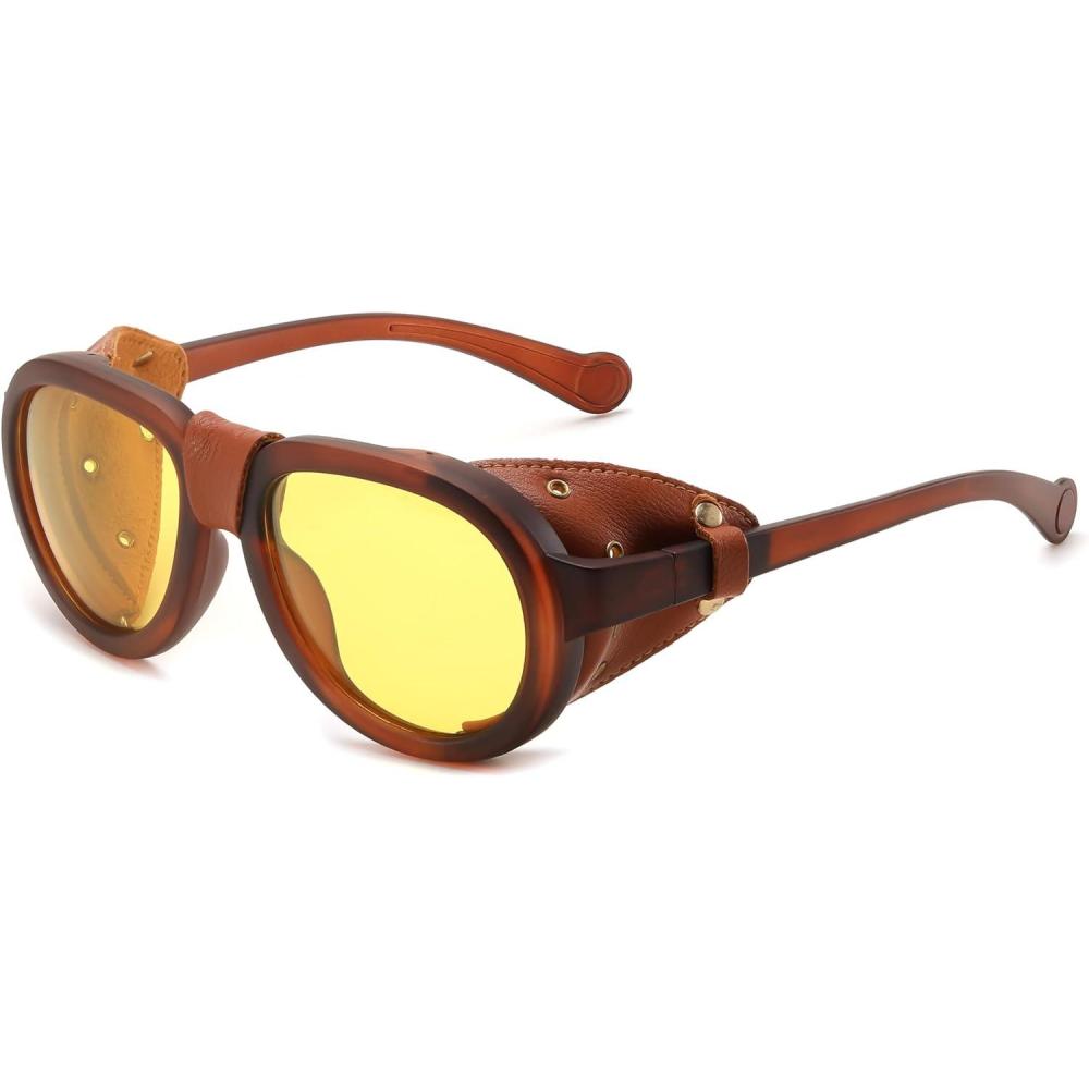 image:imageFEISEDY Steampunk Sunglasses Women MenPolarized Yellow Lens Retro Round Vintage Frame Leatherwear B0159Tea Frame