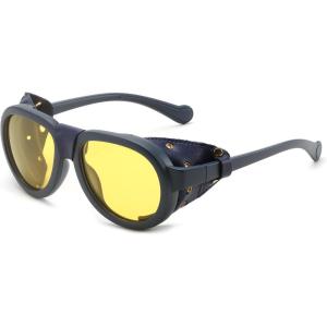 FEISEDY Steampunk Sunglasses Women Men，Polarized Yellow Lens, Retro Round Vintage Frame Leatherwear B0159(Blue Frame)