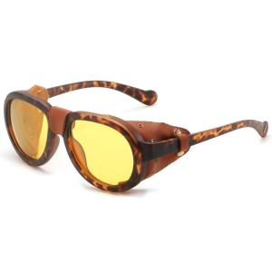 FEISEDY Steampunk Sunglasses Women Men，Polarized Yellow Lens, Retro Round Vintage Frame Leatherwear B0159(Leopard Frame)