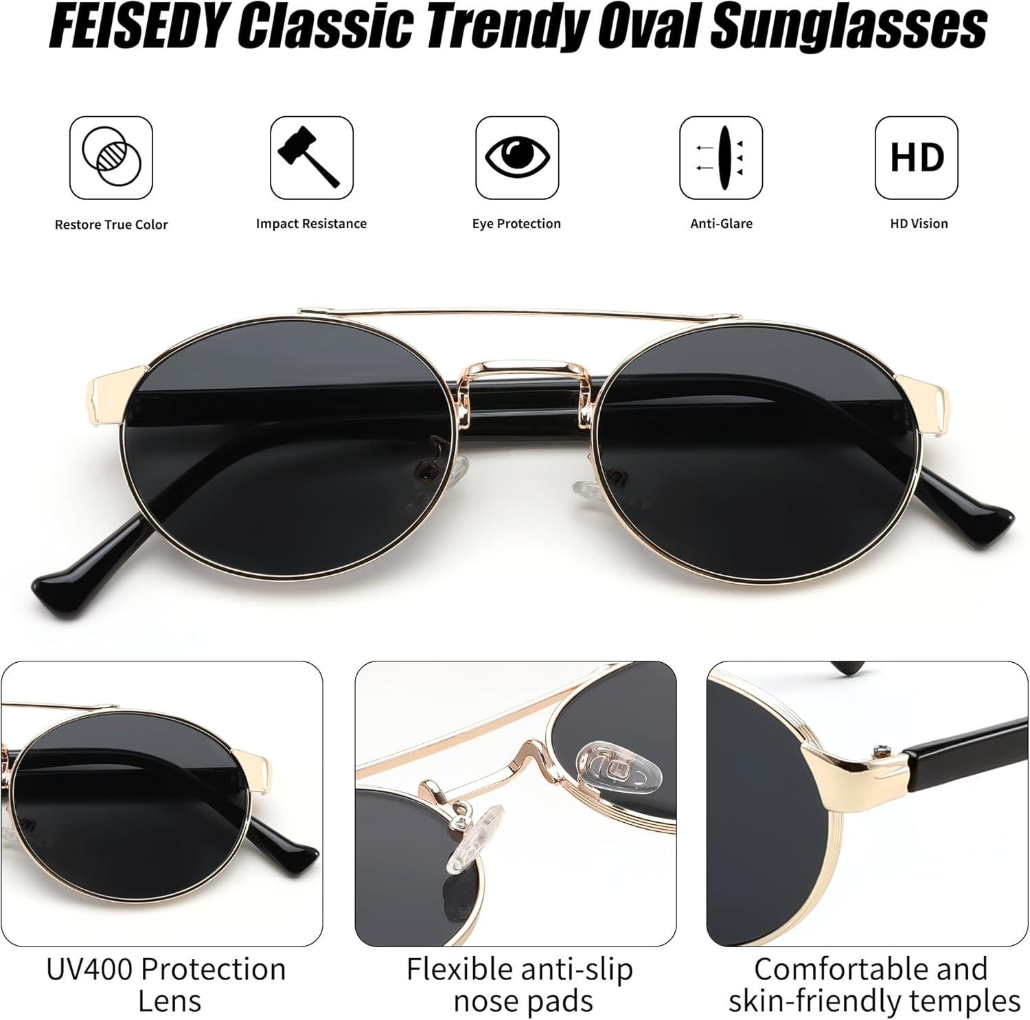 image:imageFEISEDY Classic Trendy Oval Sunglasses Women Men Cute Small Shade Metal Frame Sunnies B0264BlackBlack