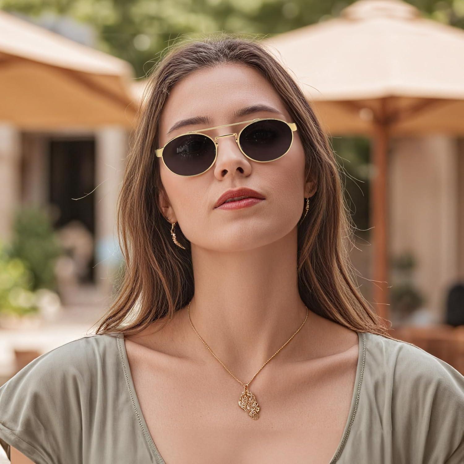 image:imageFEISEDY Classic Trendy Oval Sunglasses Women Men Cute Small Shade Metal Frame Sunnies B0264BlackBlack