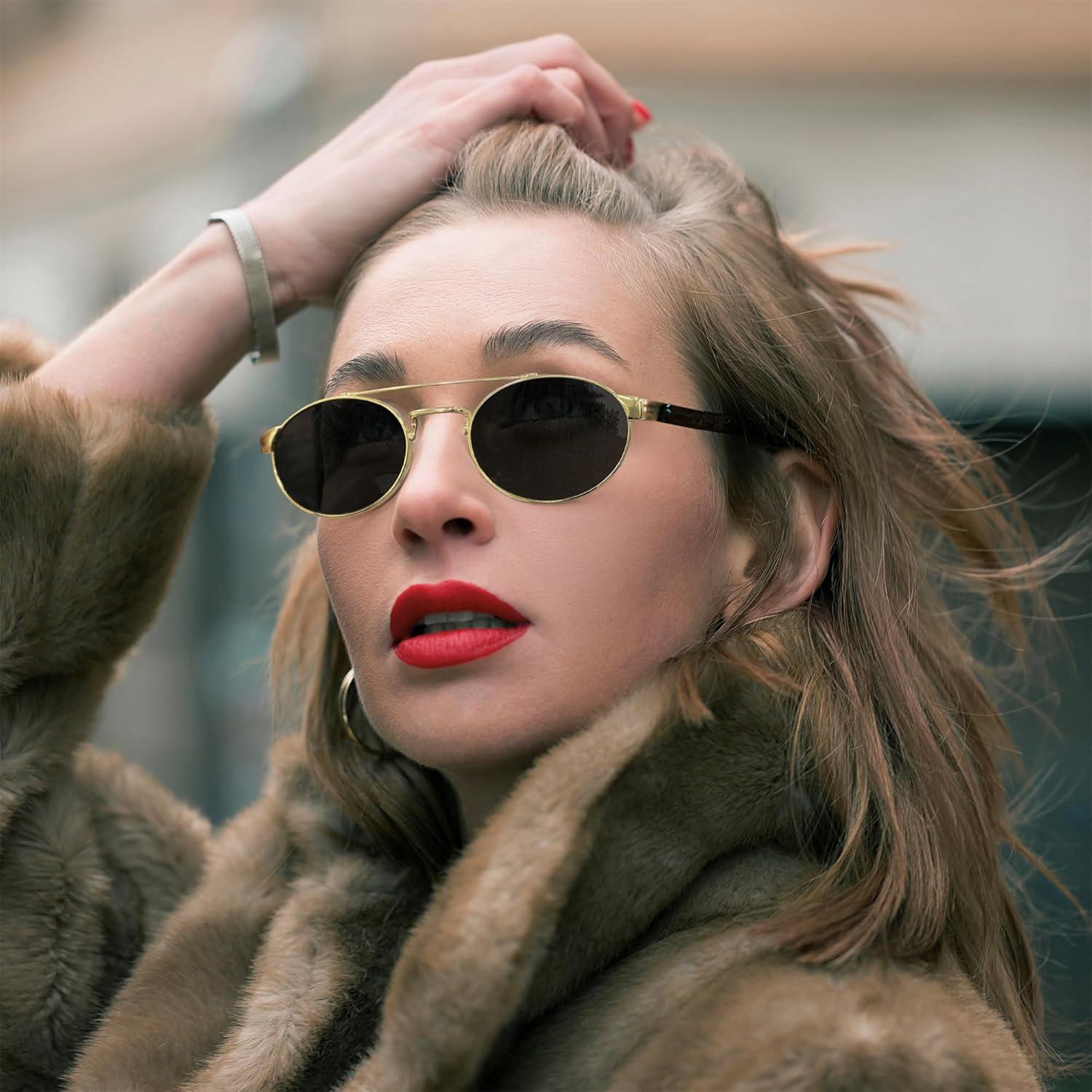image:imageFEISEDY Classic Trendy Oval Sunglasses Women Men Cute Small Shade Metal Frame Sunnies B0264BlackBlack
