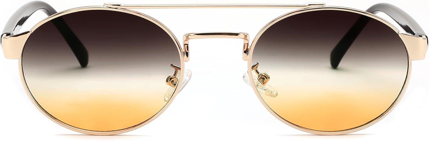 image:imageFEISEDY Classic Trendy Oval Sunglasses Women Men Cute Small Shade Metal Frame Sunnies B0264BlackGradient Brown