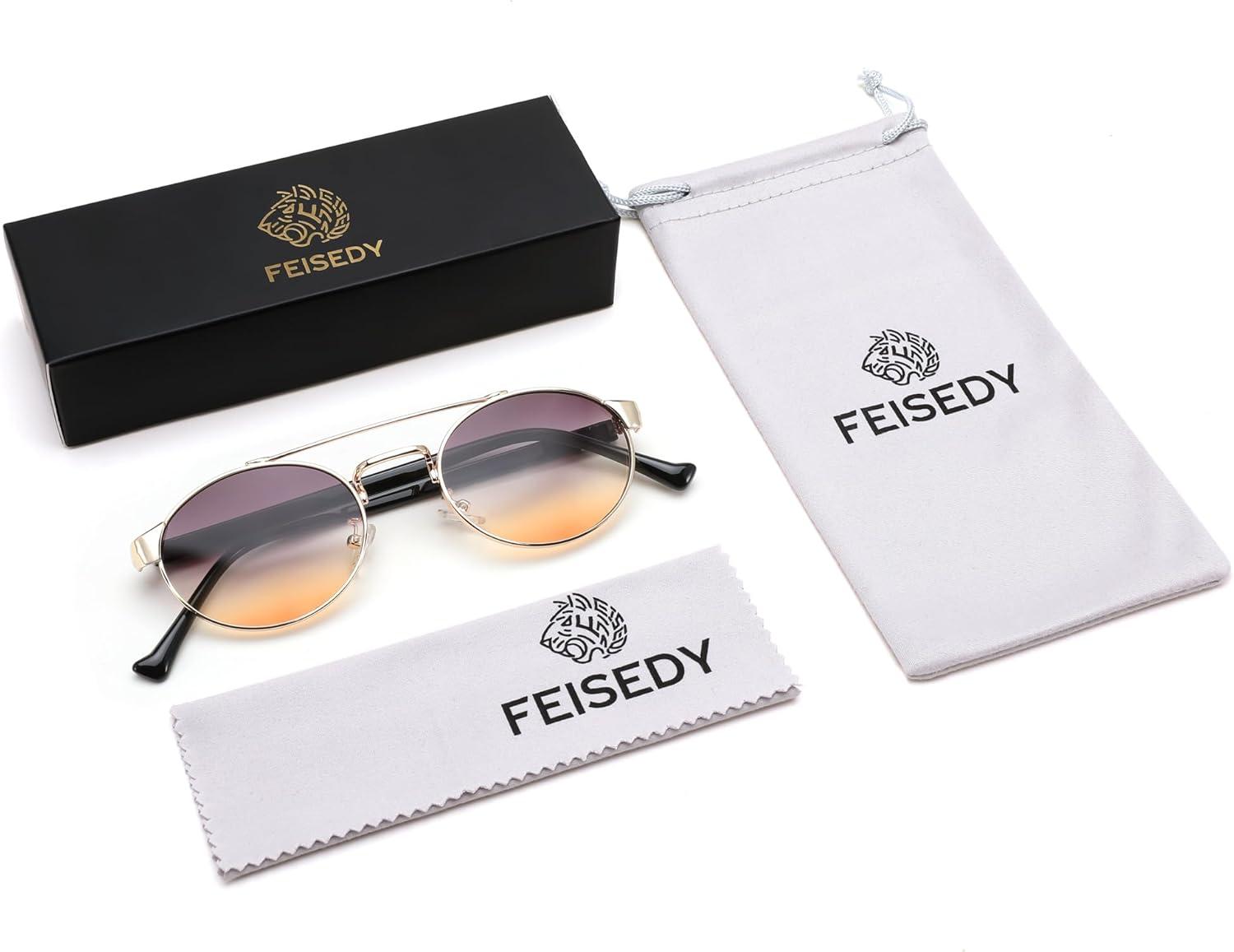 image:imageFEISEDY Classic Trendy Oval Sunglasses Women Men Cute Small Shade Metal Frame Sunnies B0264BlackGradient Brown