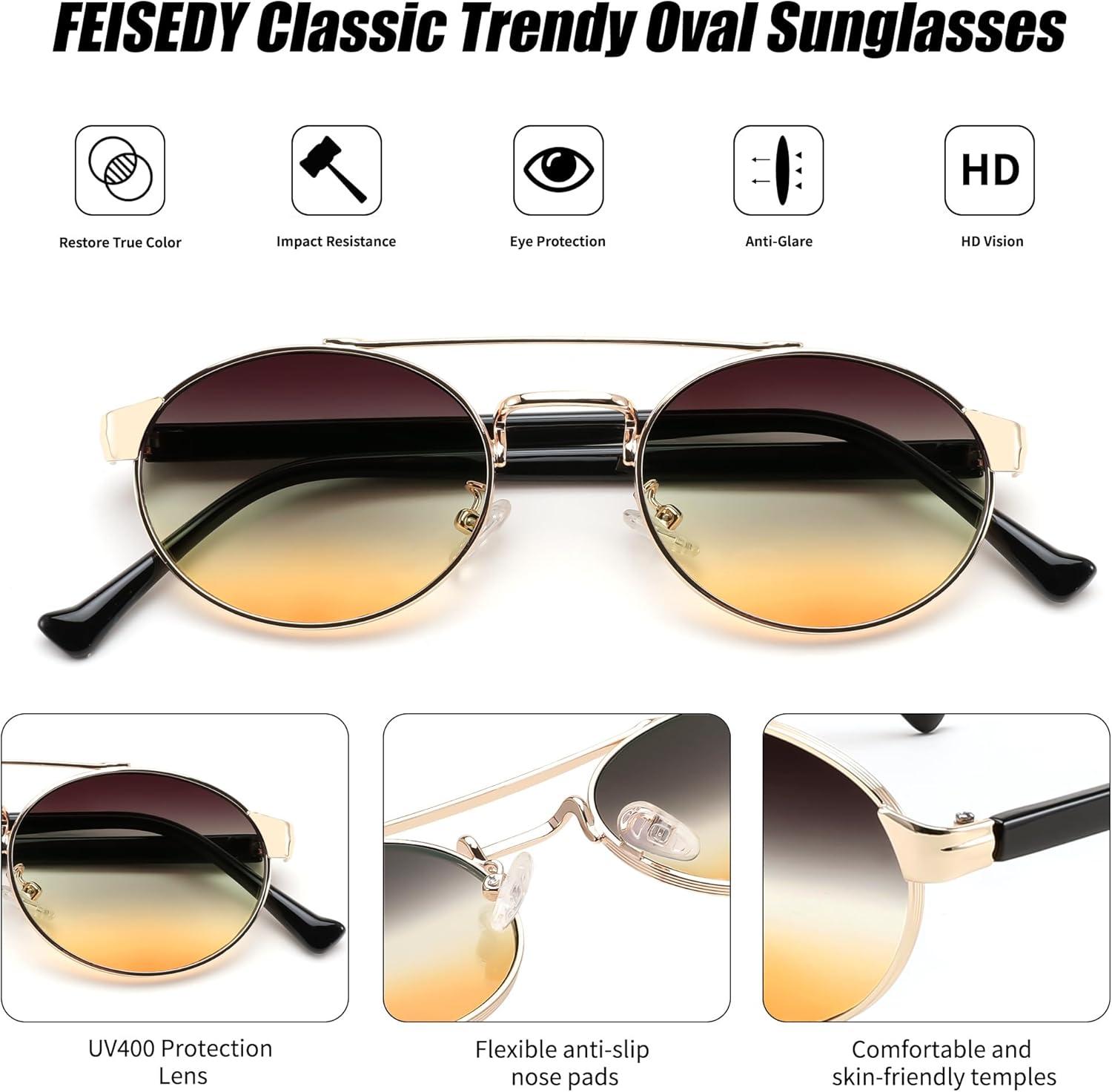 image:imageFEISEDY Classic Trendy Oval Sunglasses Women Men Cute Small Shade Metal Frame Sunnies B0264BlackGradient Brown