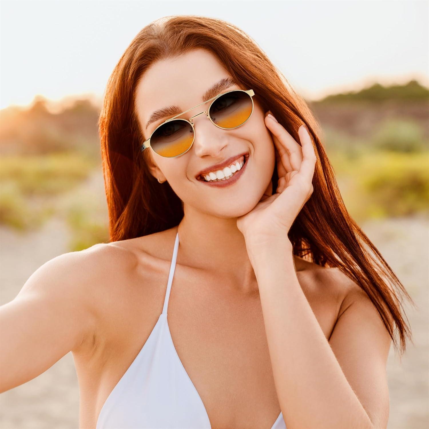 image:imageFEISEDY Classic Trendy Oval Sunglasses Women Men Cute Small Shade Metal Frame Sunnies B0264BlackGradient Brown
