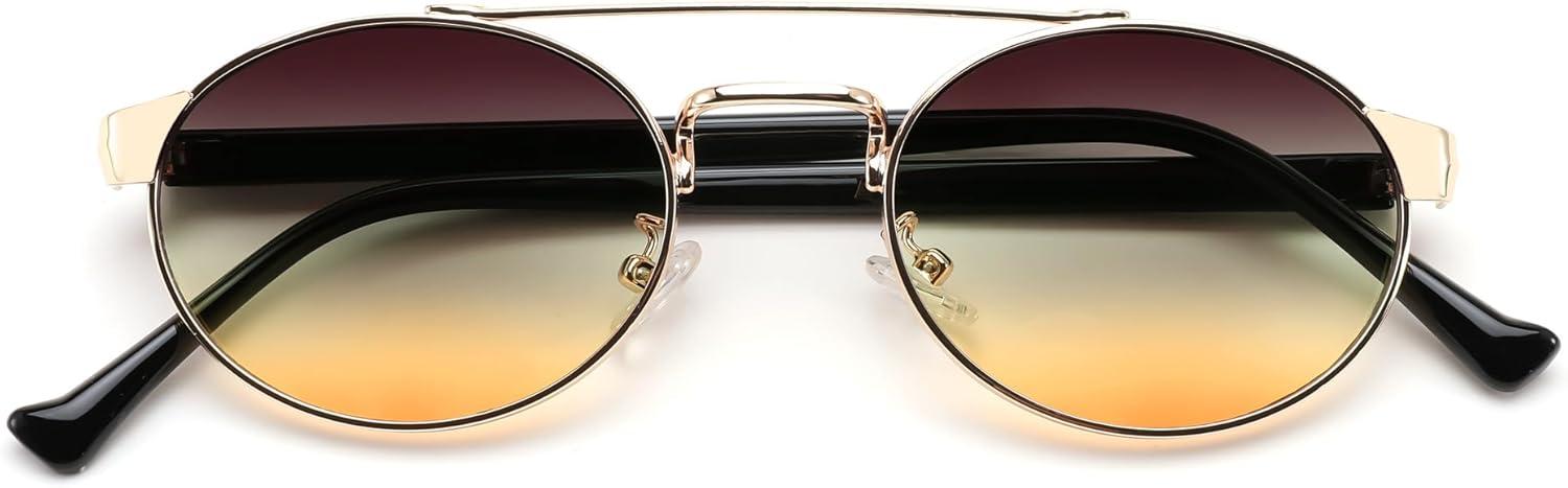 image:imageFEISEDY Classic Trendy Oval Sunglasses Women Men Cute Small Shade Metal Frame Sunnies B0264BlackGradient Brown